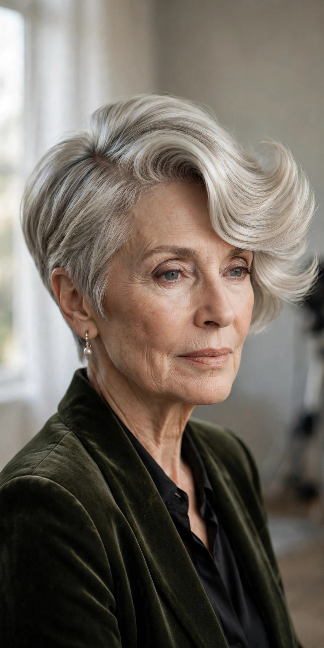 Woman in her 60s with a deep side-sweep volume pixie