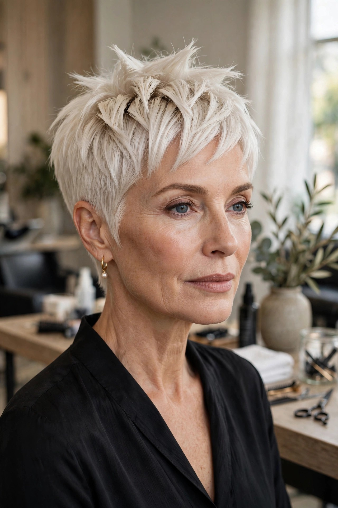 Woman in her 50s with a platinum piece pixie