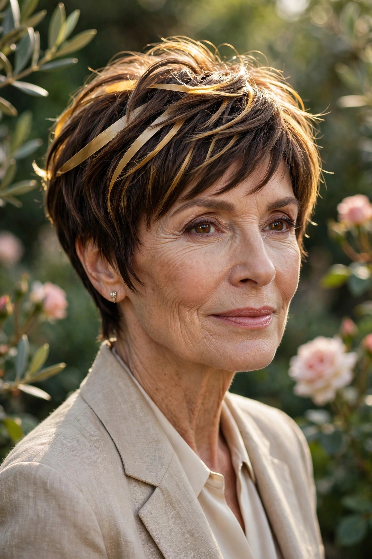 Woman in her 60s with a golden ribbon pixie