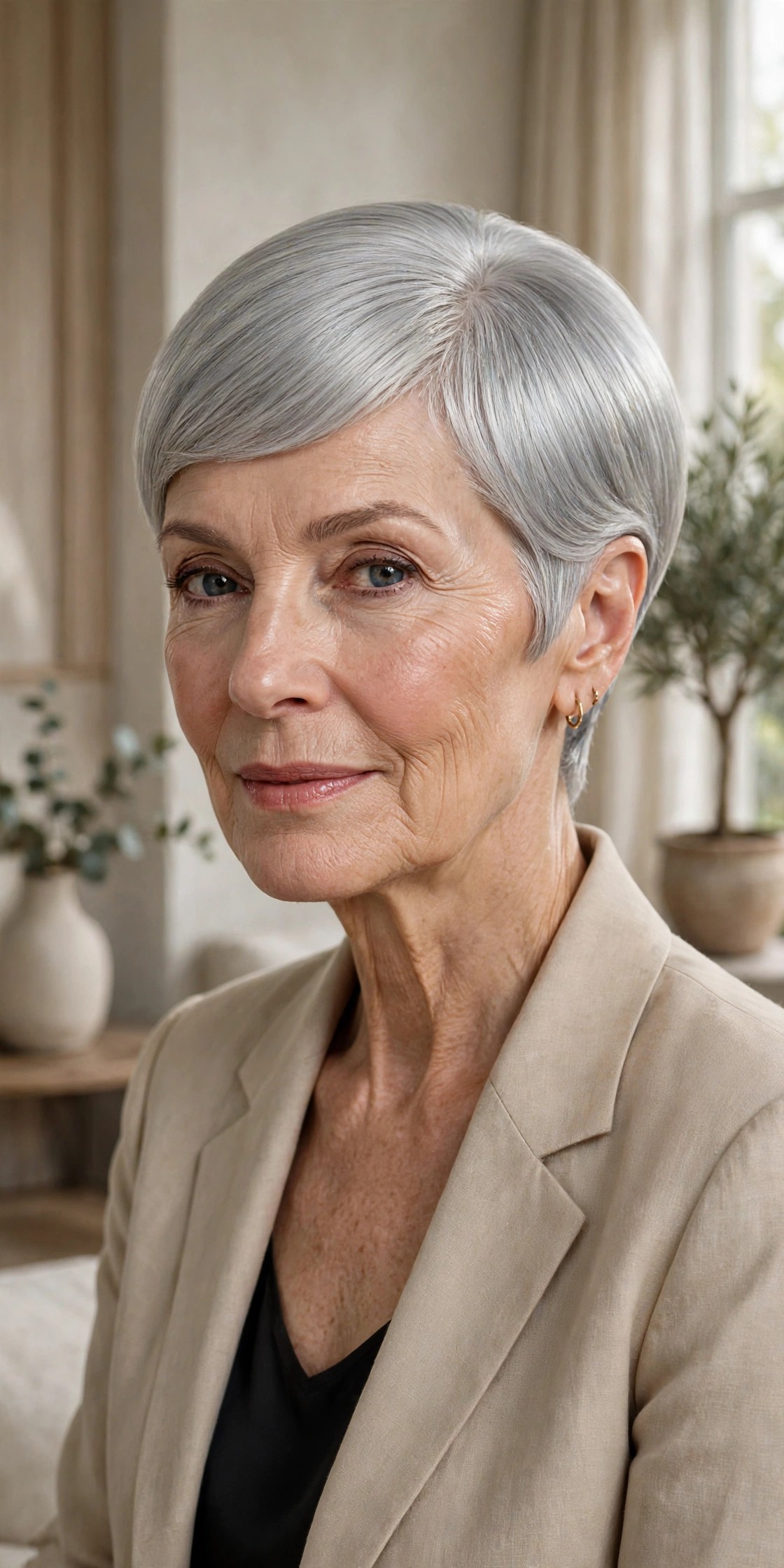 Woman in her 60s with a glass-smooth round silver pixie