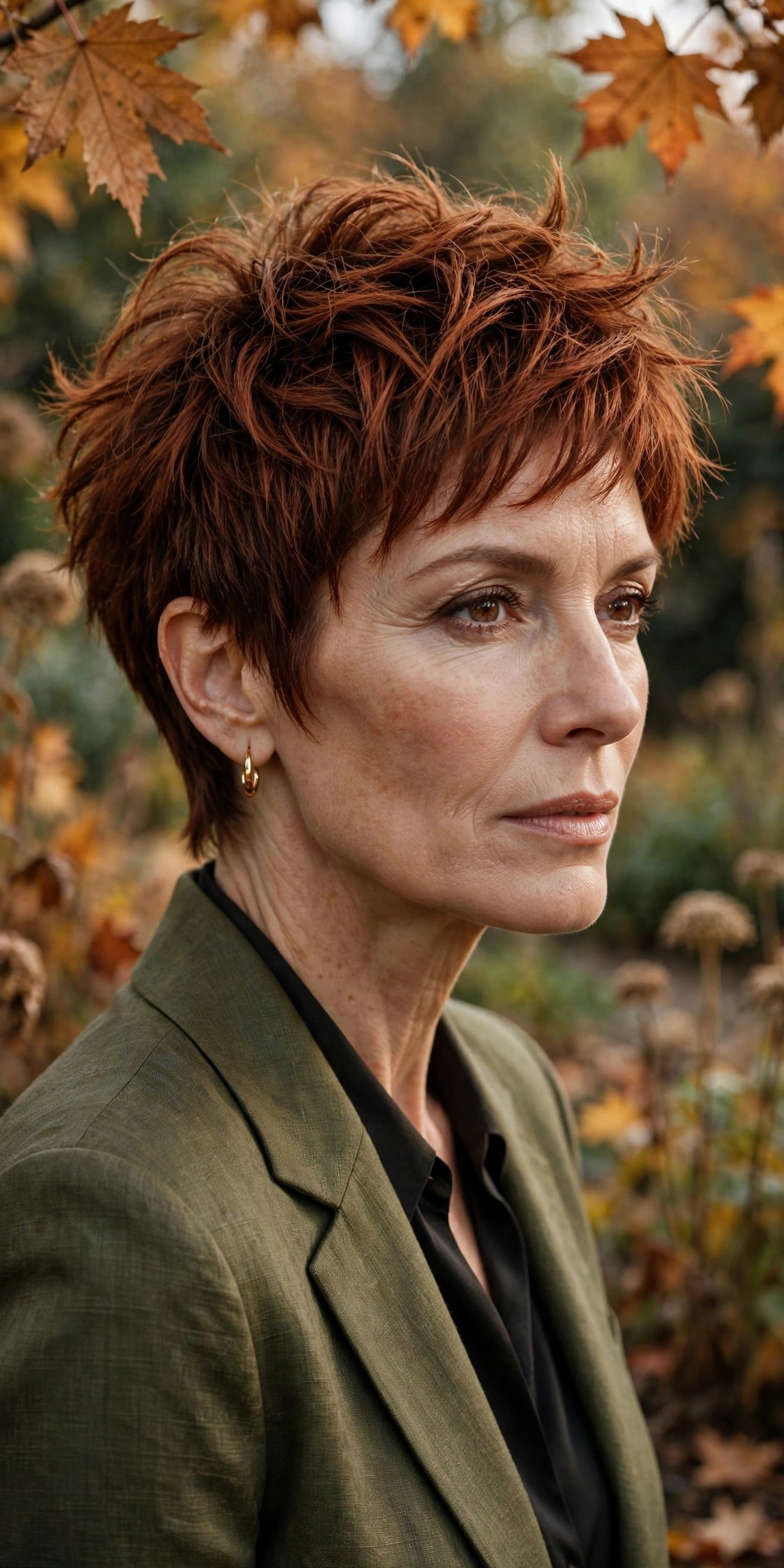 Woman in her 50s with a tousled auburn pixie