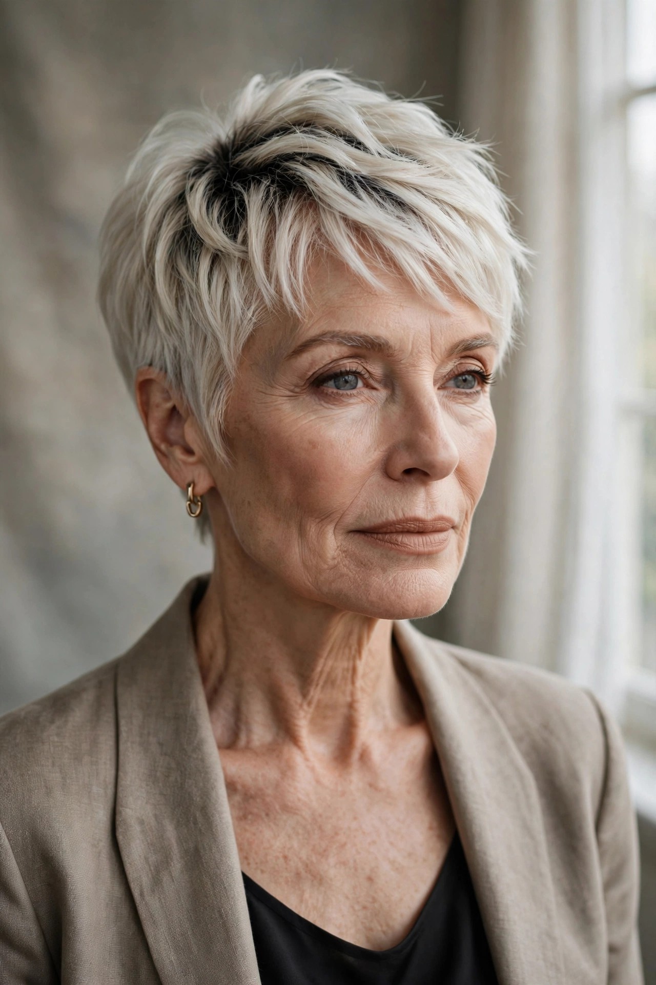 Woman in her 60s with a shadow-root ice blonde pixie