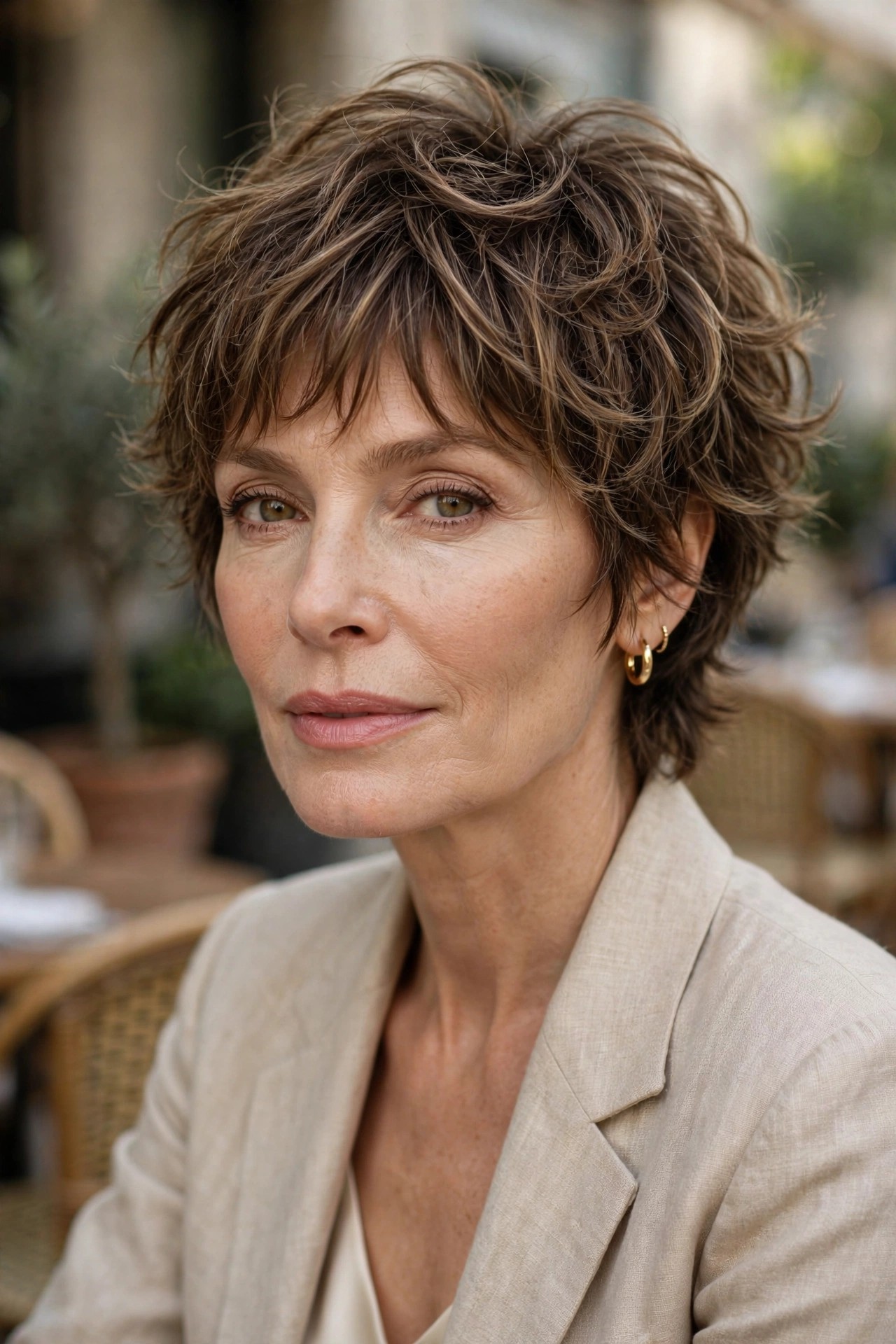 Woman in her 50s with a cloud-soft shag pixie