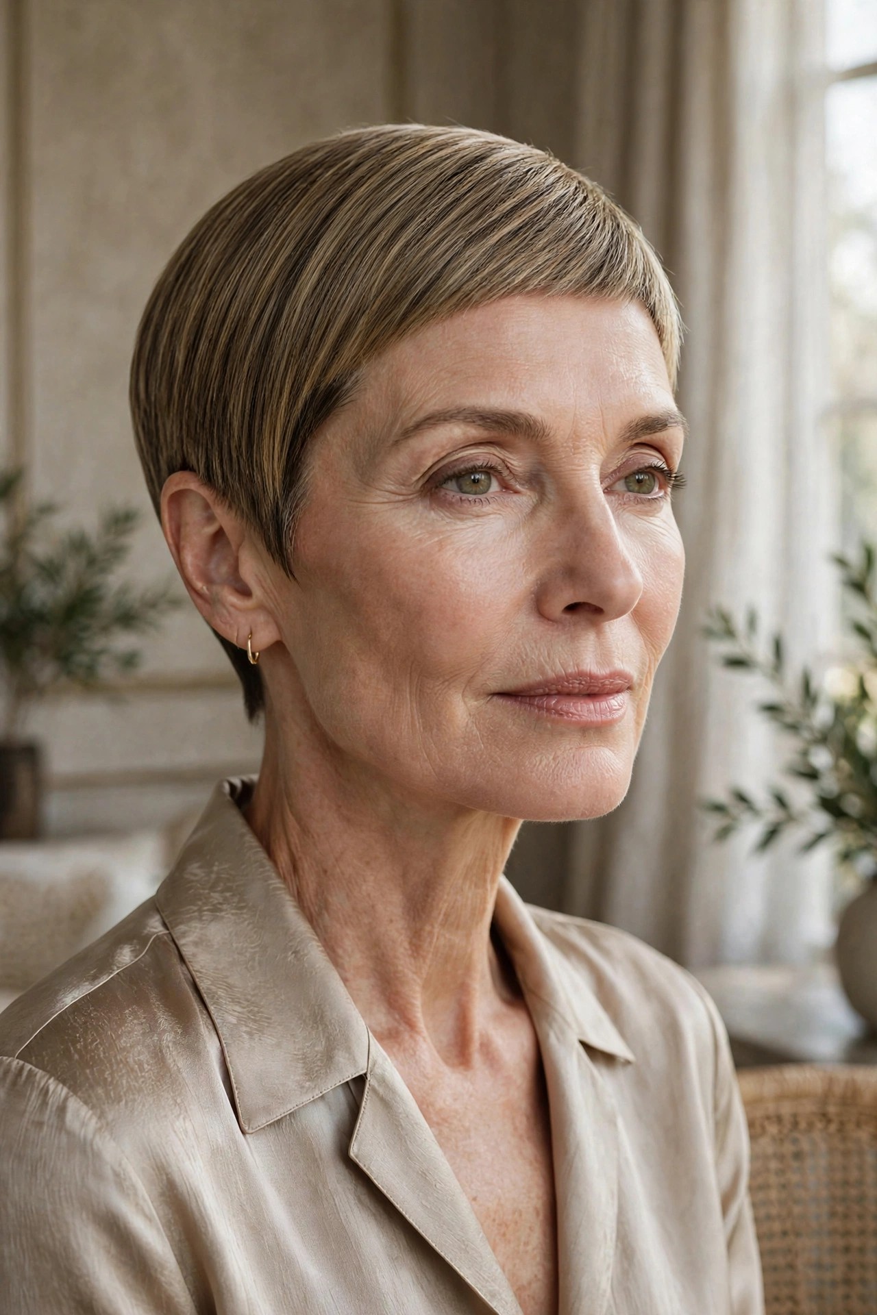 Woman in her 60s with a blunt-perimeter pixie
