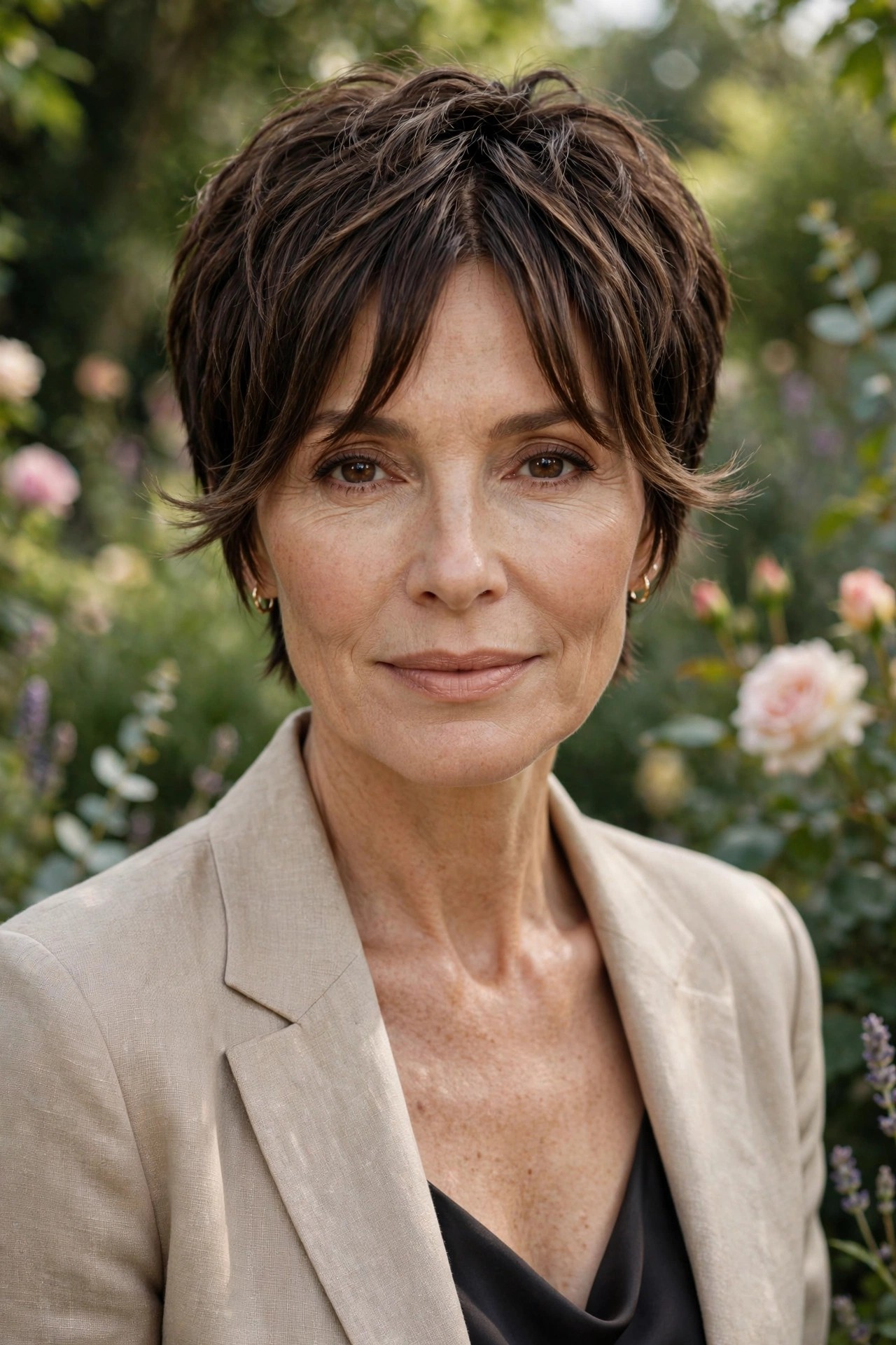 Woman in her 50s with a split curtain fringe pixie