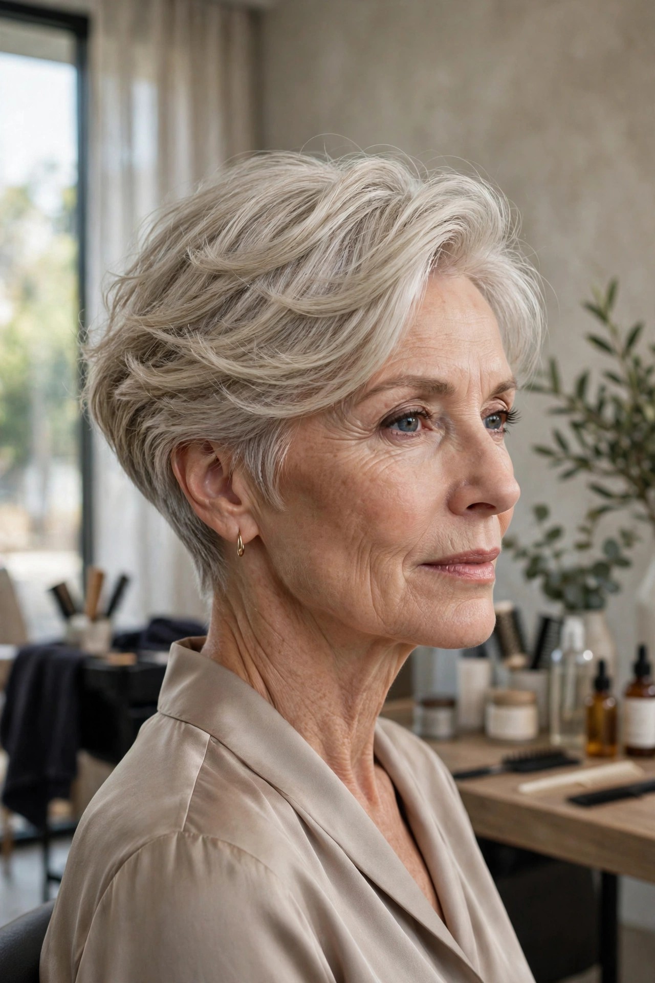 Woman in her 60s with a long-crown pixie