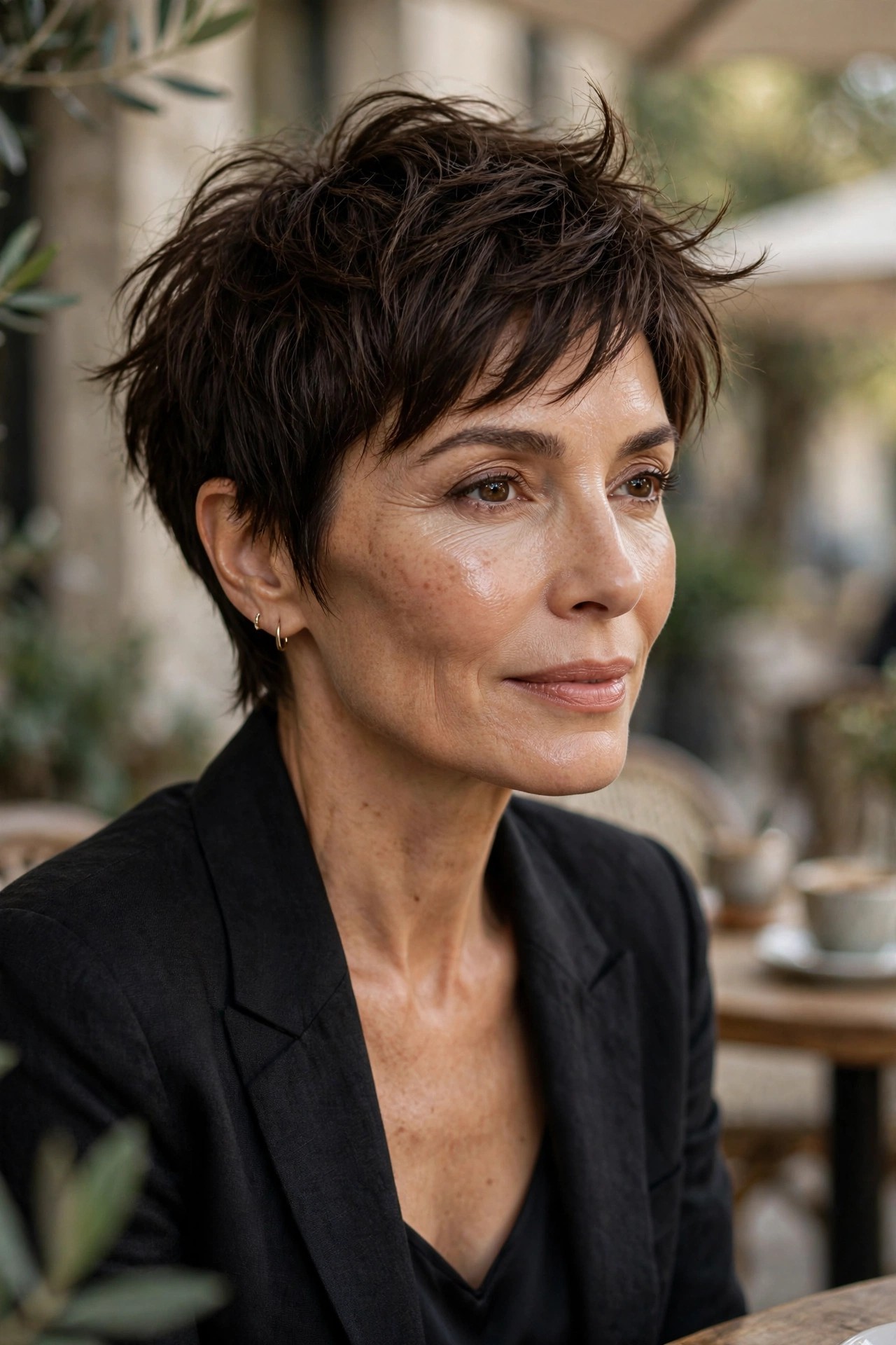 Woman in her 50s with a dewy-texture pixie