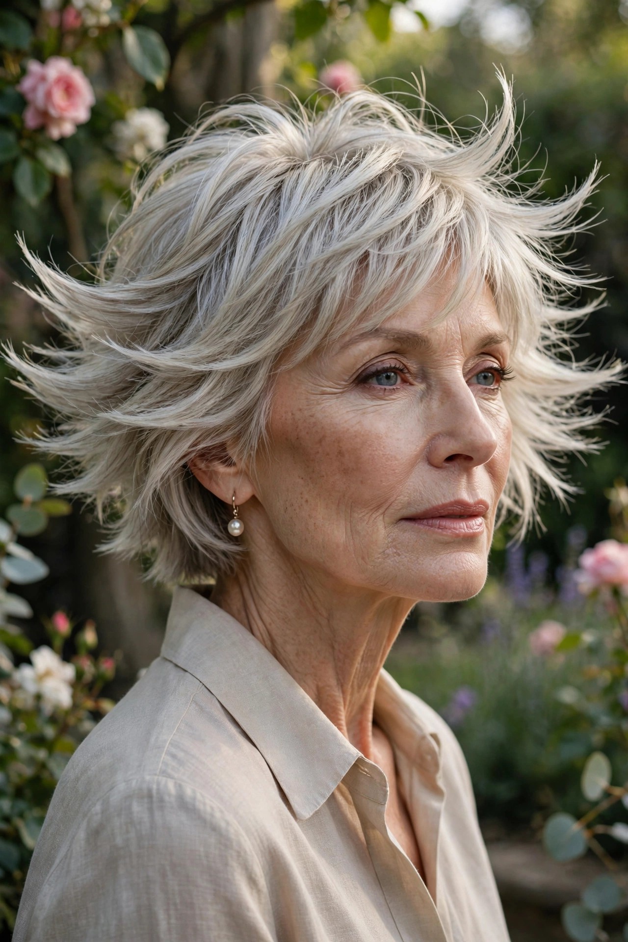 Woman in her 60s with a flutter-layer pixie