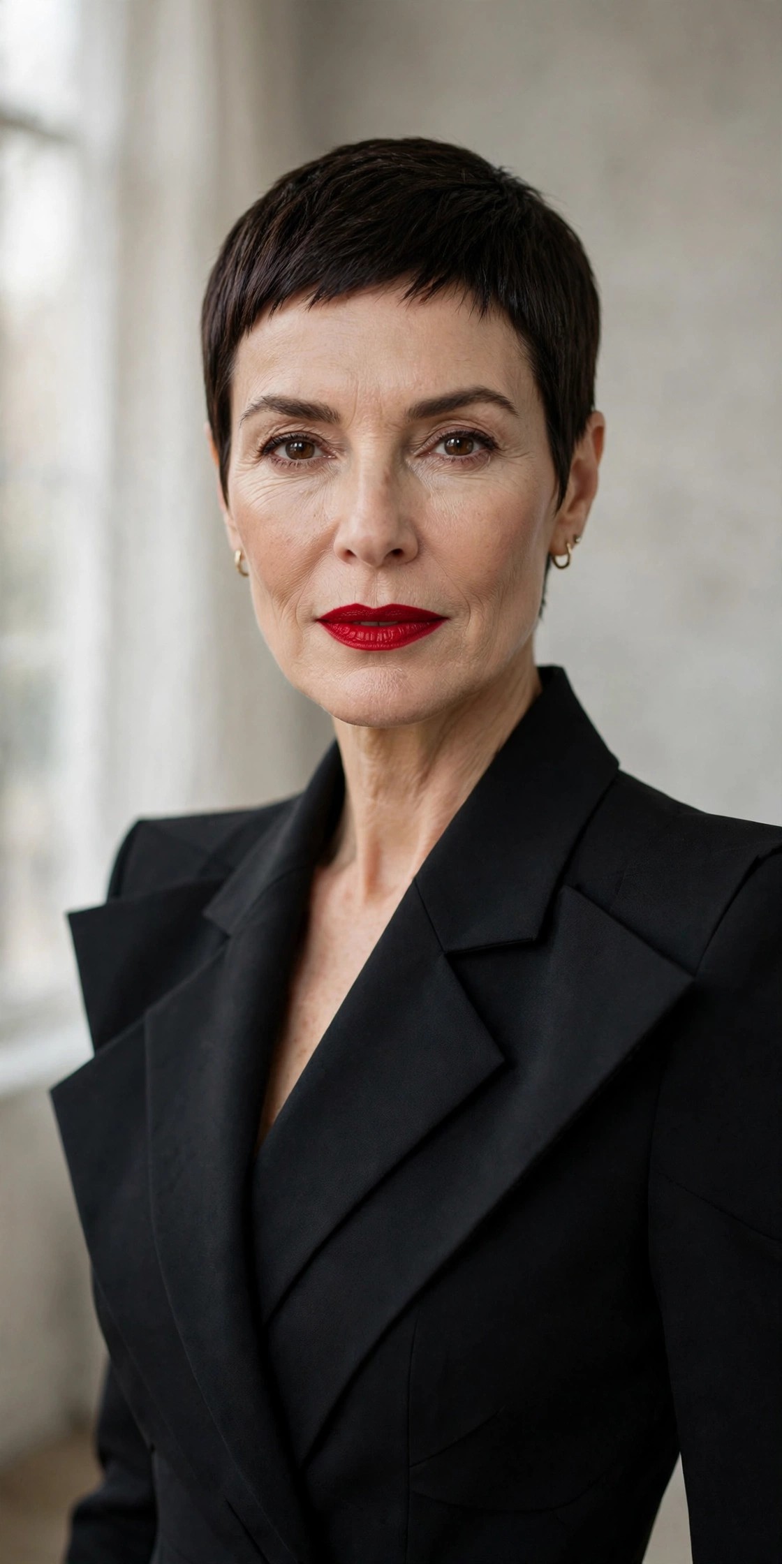 Woman in her 50s with a sharp precision power pixie