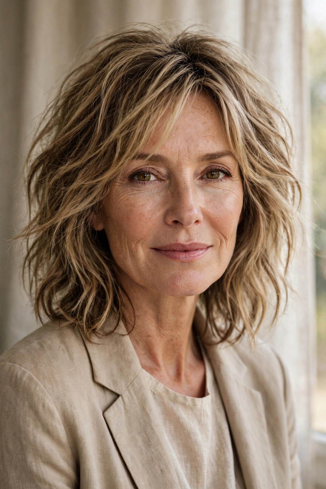 Air-dried natural shag haircut with soft waves on a woman in her 50s