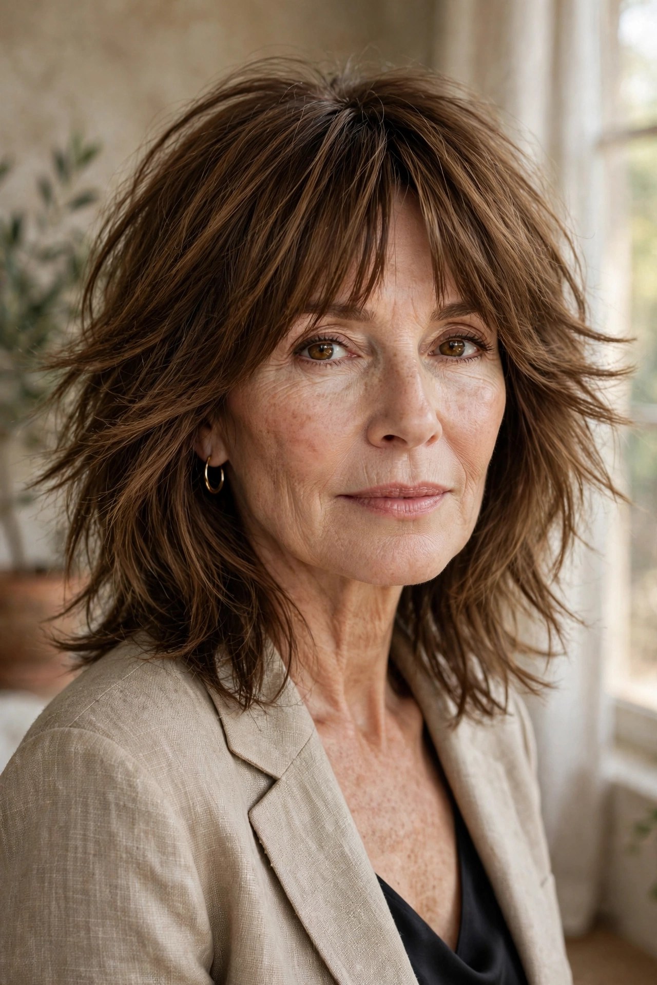 Shag haircut with bottleneck bangs on a woman in her 50s