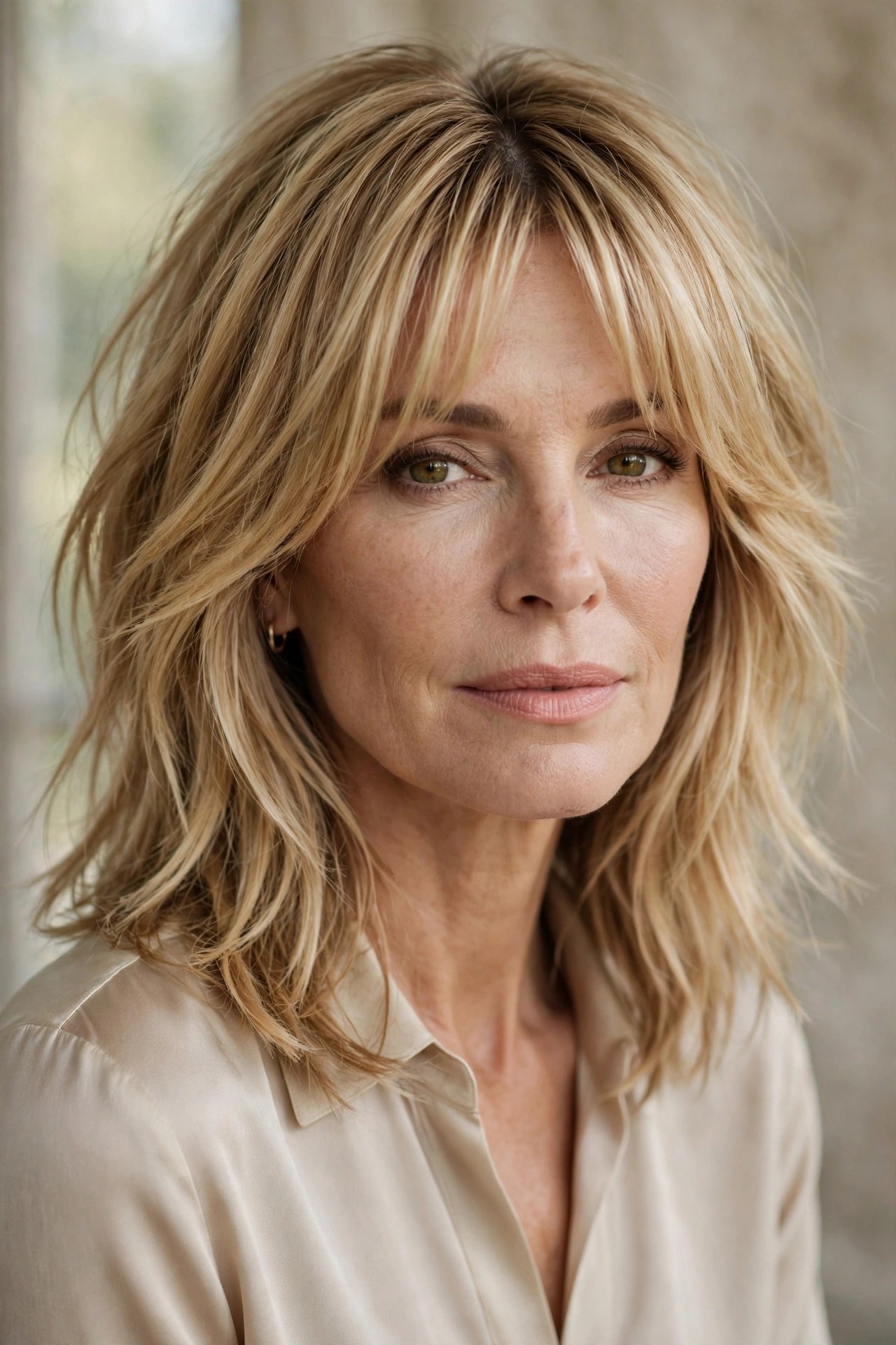 Midi shag haircut with curtain fringe bangs on a woman in her 50s