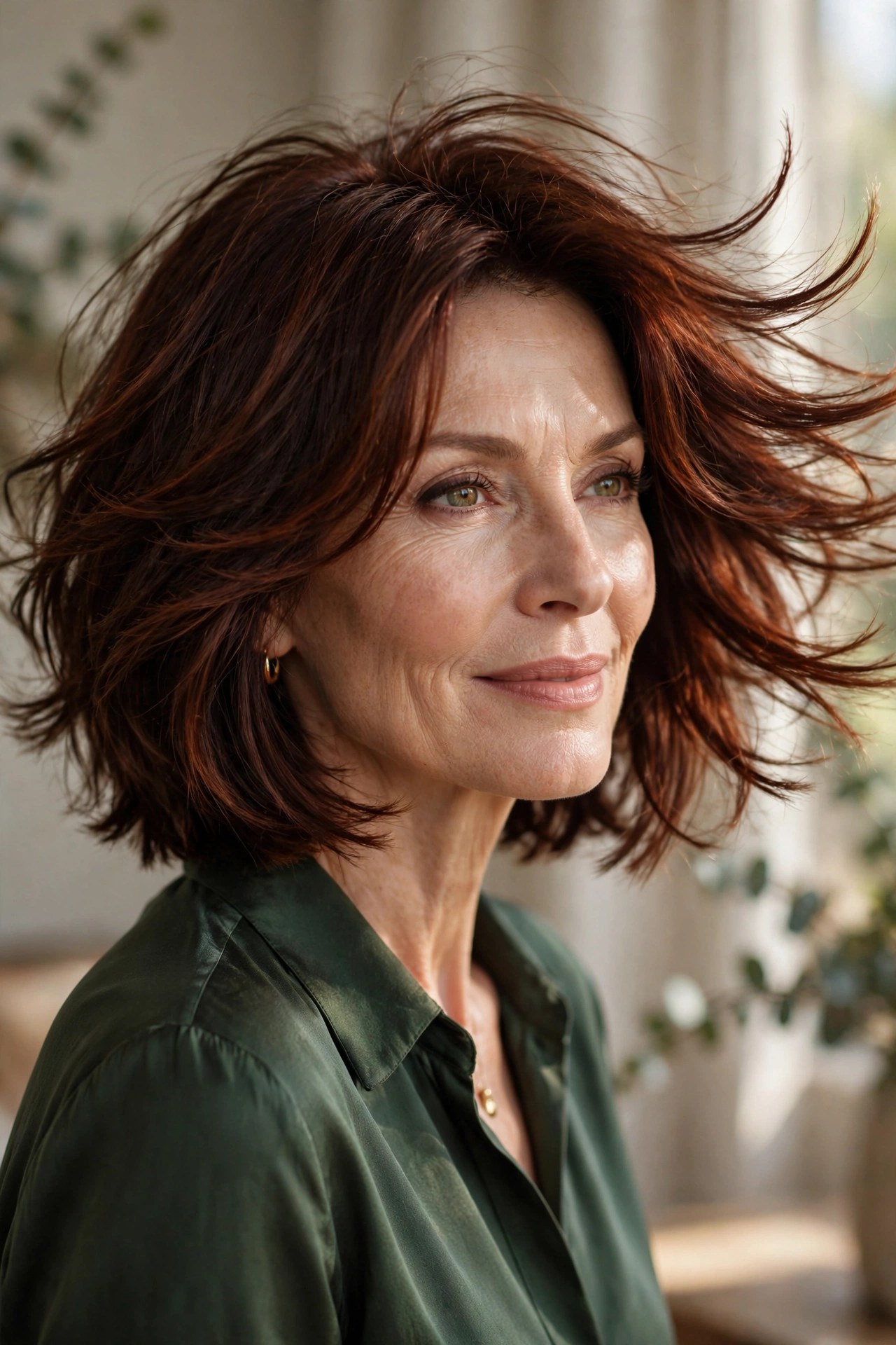 Jaw-length shag haircut with swingy moving shape on a woman in her 50s