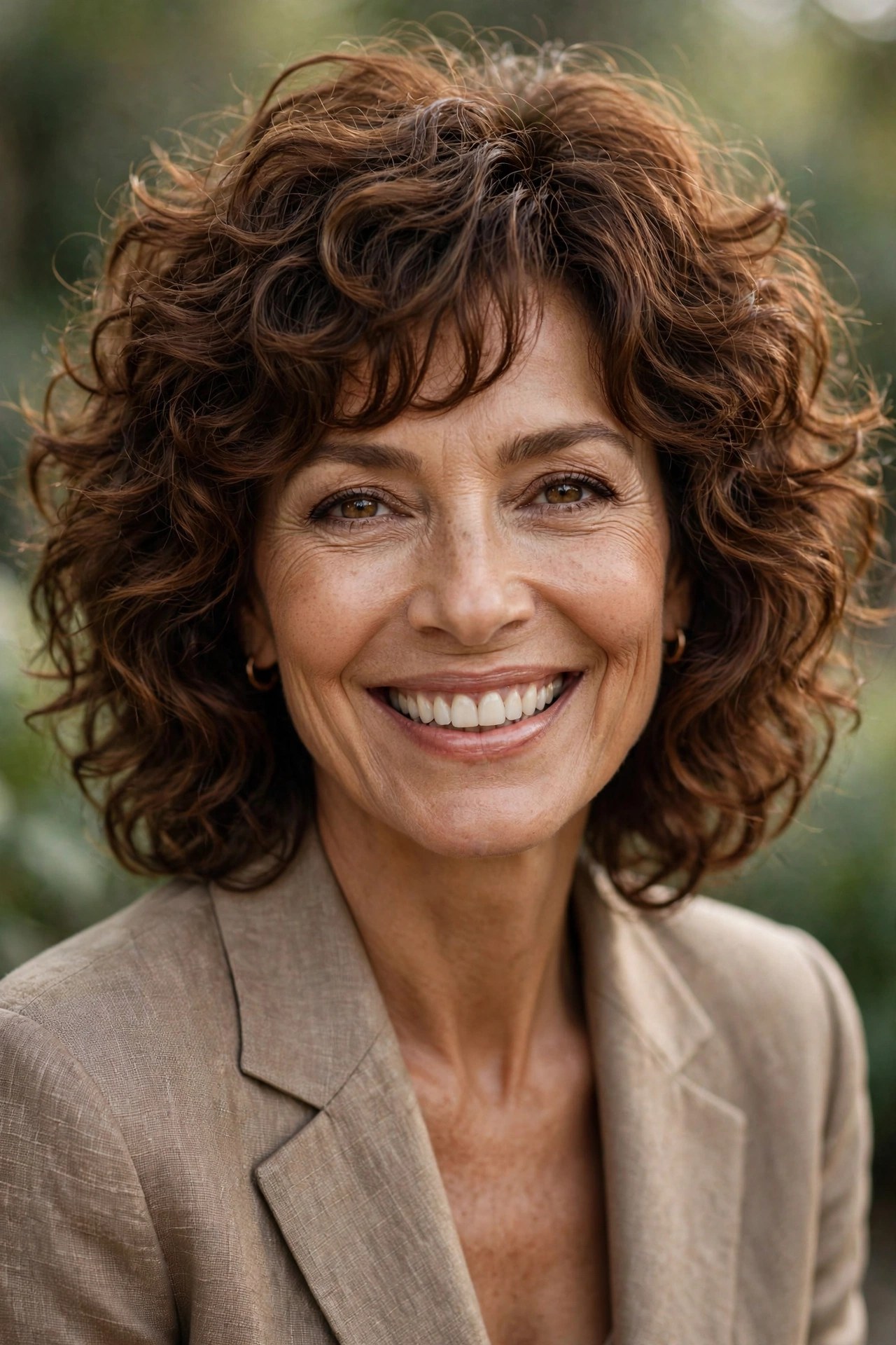 Curly shag haircut with rounded layers on a woman in her 50s