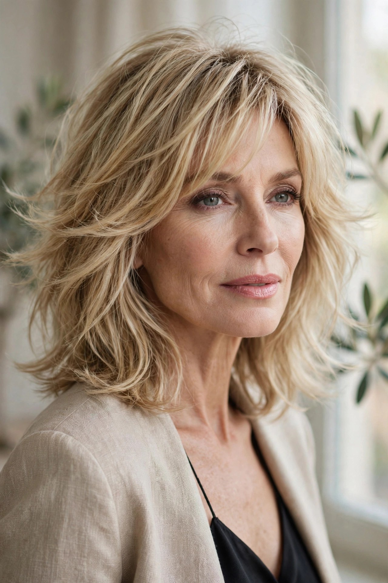 Feathered shoulder-length shag haircut on a woman in her 50s