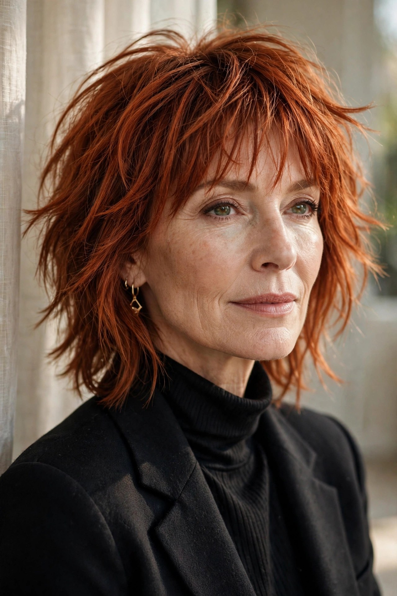 Choppy shag haircut with wispy bangs, copper hair, on a woman in her 50s