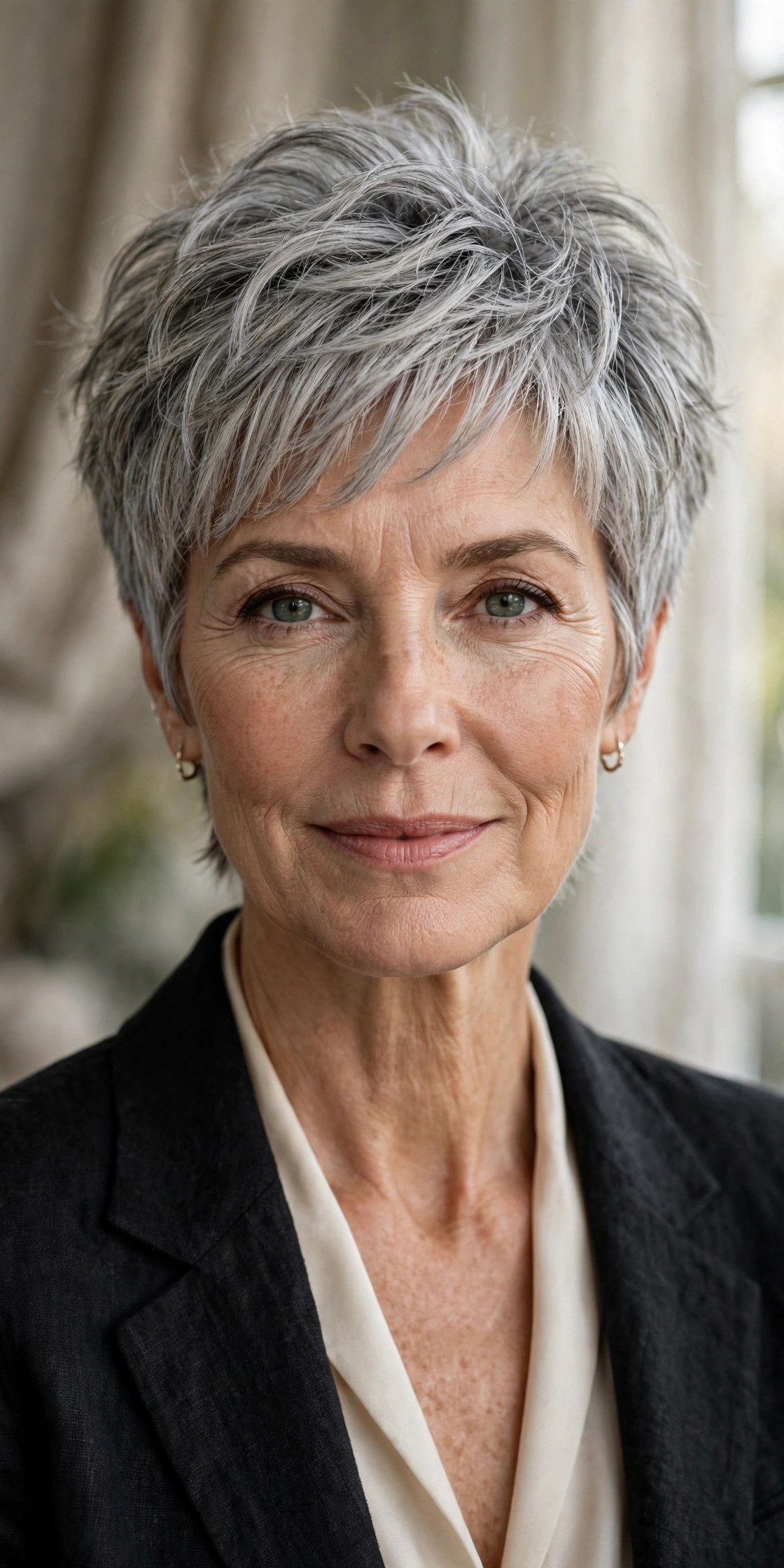 Cropped shag haircut with tapered nape on a silver-haired woman in her 50s