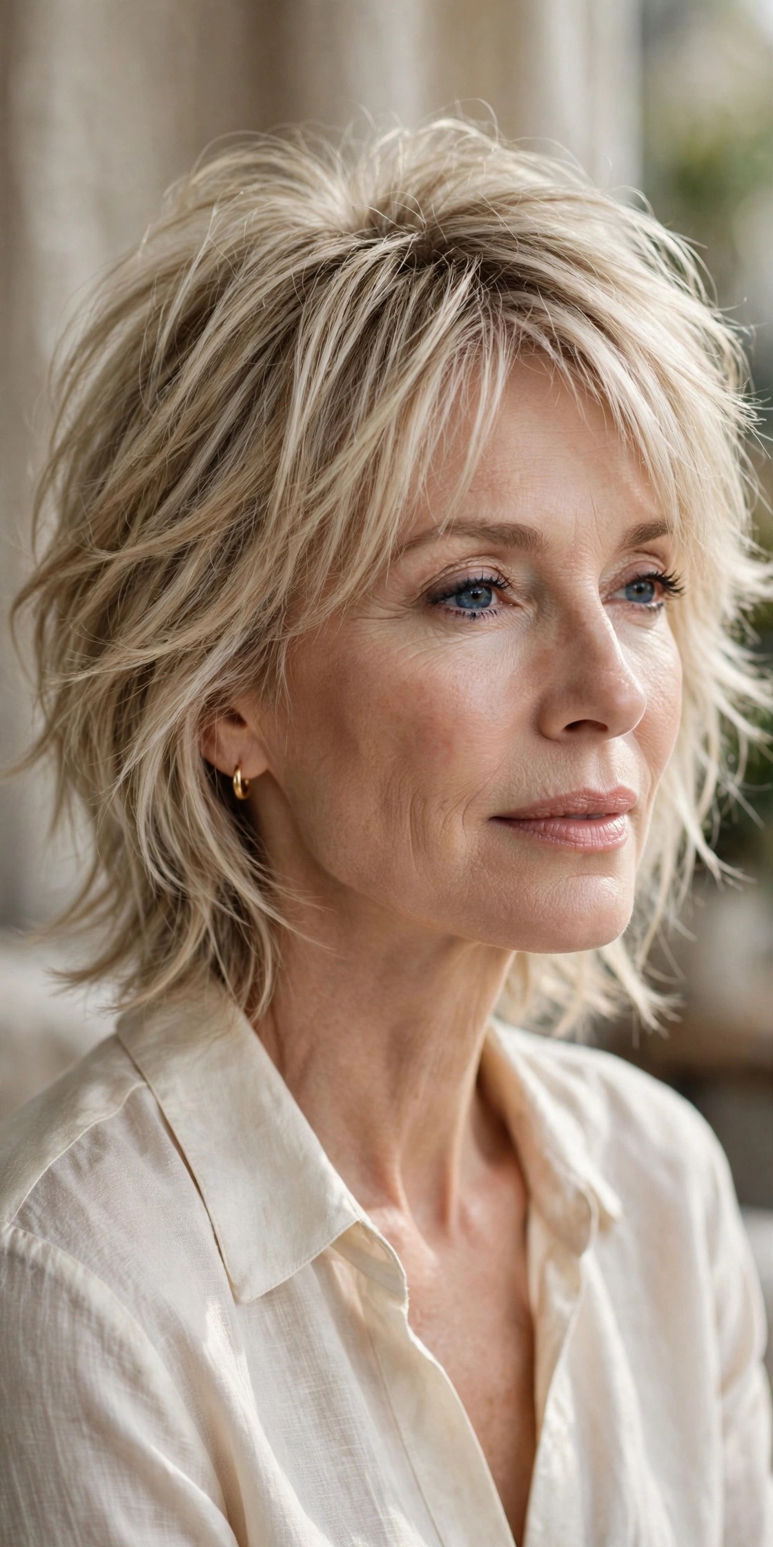 Fine-hair shag with blended micro layers on a woman in her 50s