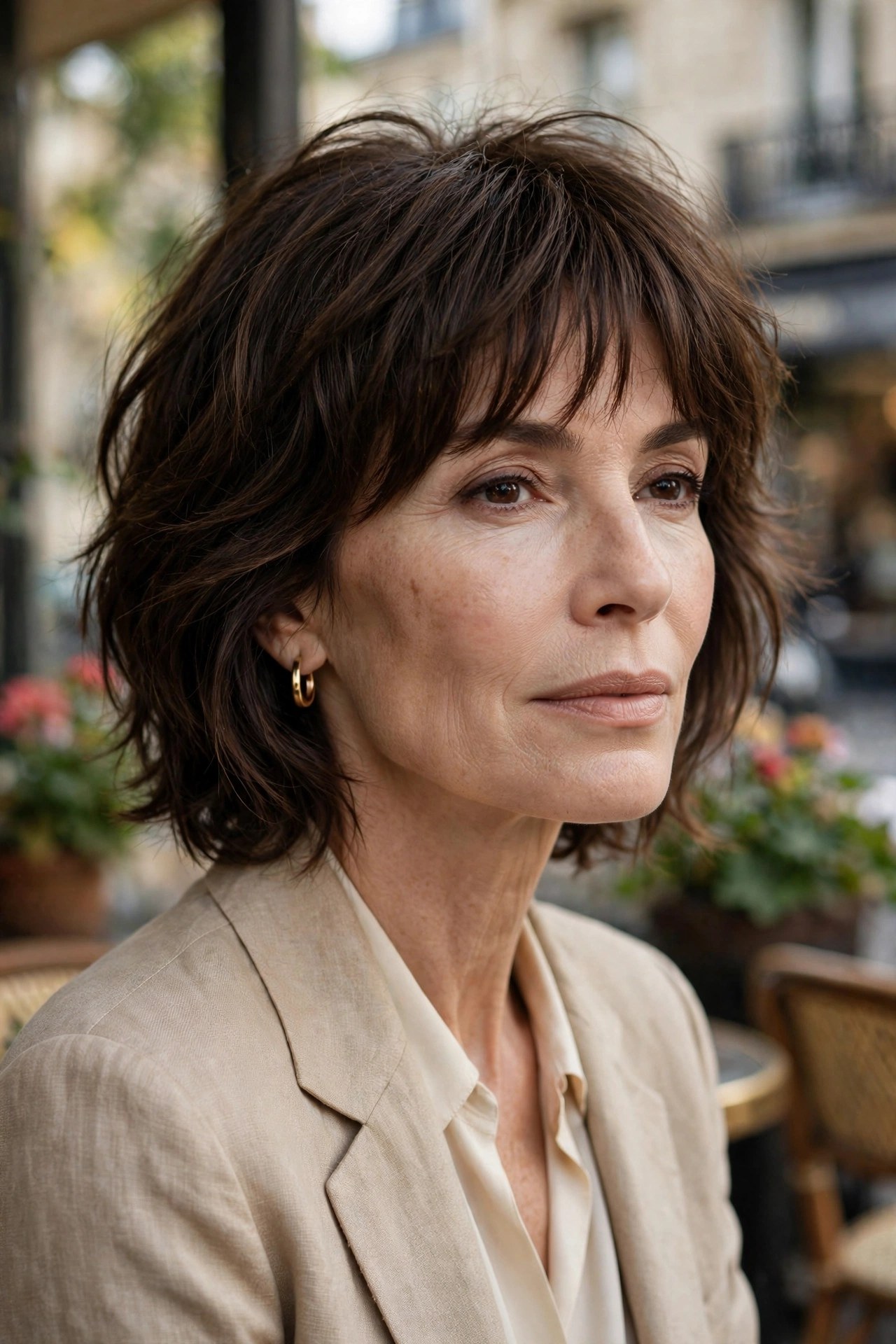 French-inspired shag bob with brow-skimming fringe on a woman in her 50s