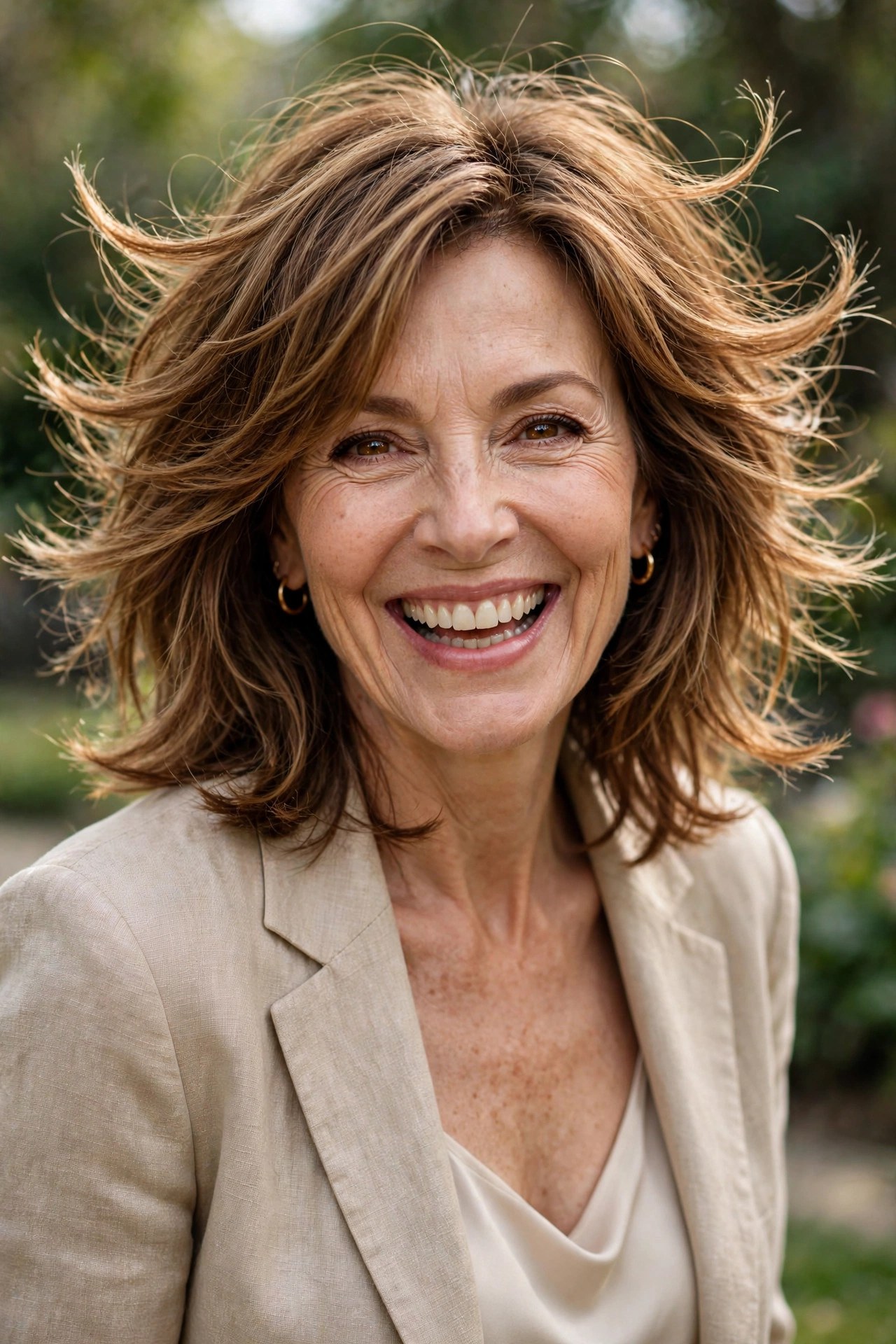 Collarbone shag haircut with flipped-out ends on a woman in her 50s