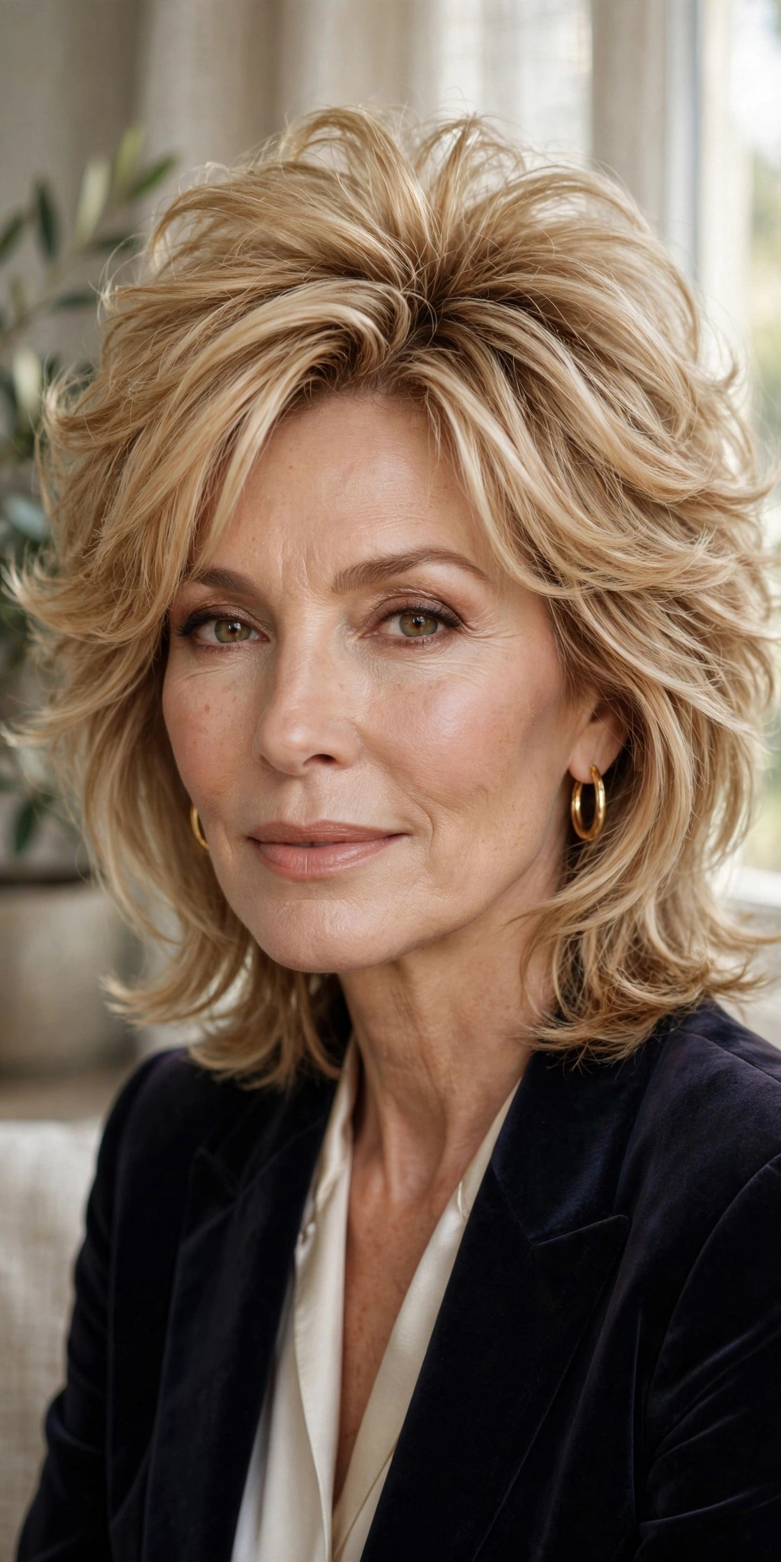 Glamorous shag haircut with volume at the crown on a woman in her 50s