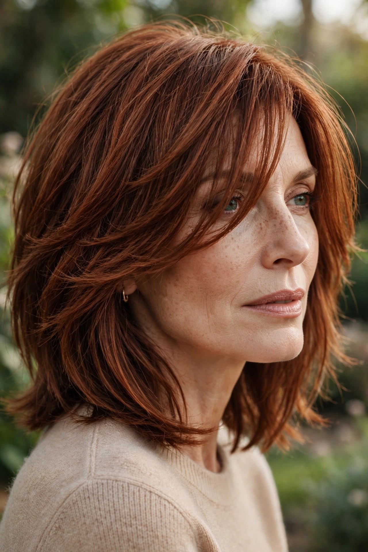 Shoulder-length shag with long side-swept bangs on a woman in her 50s