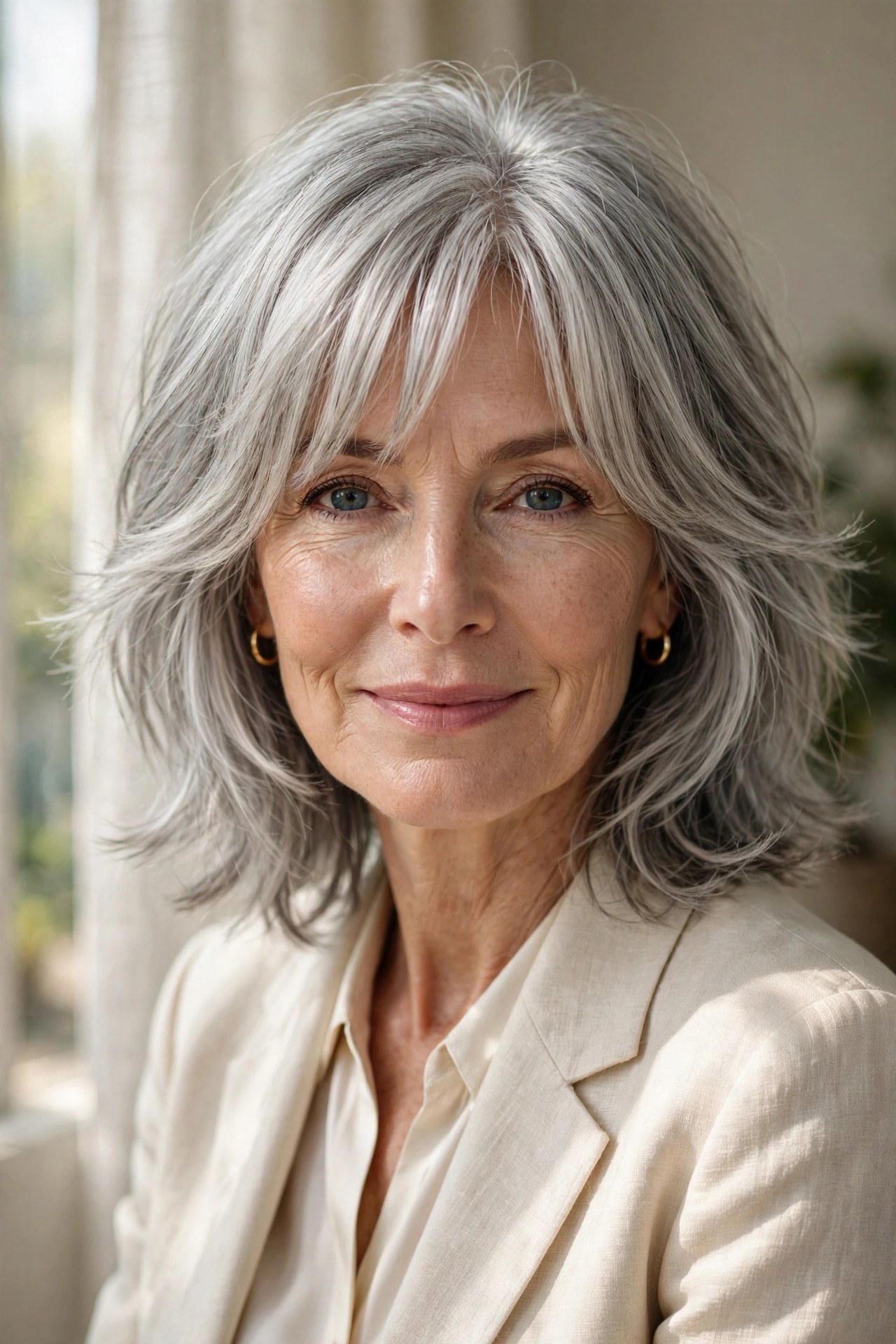 Silver shag haircut with curtain bangs on a woman in her 50s