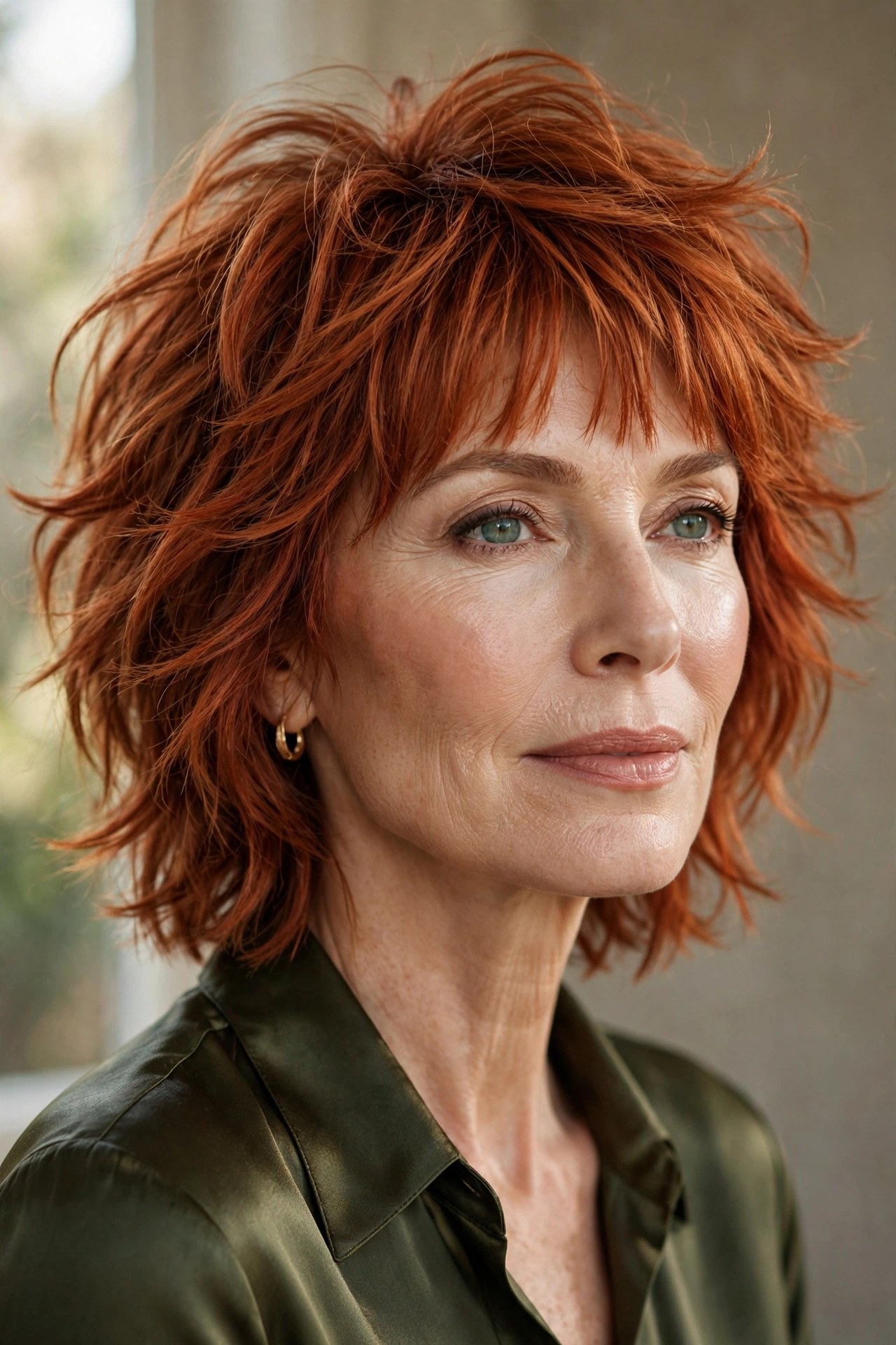 Copper shag haircut with warm layered texture on a woman in her 50s