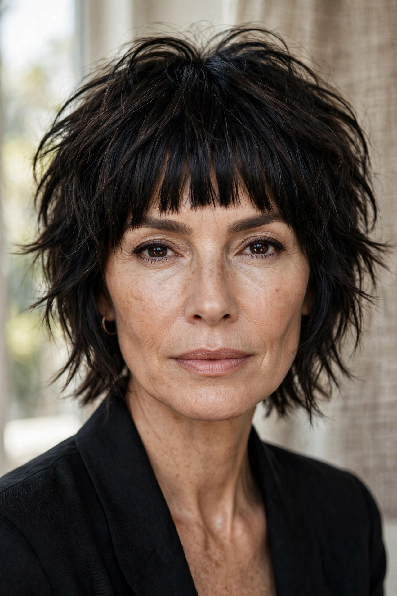 Shag haircut with chopped straight-across bangs on a woman in her 50s