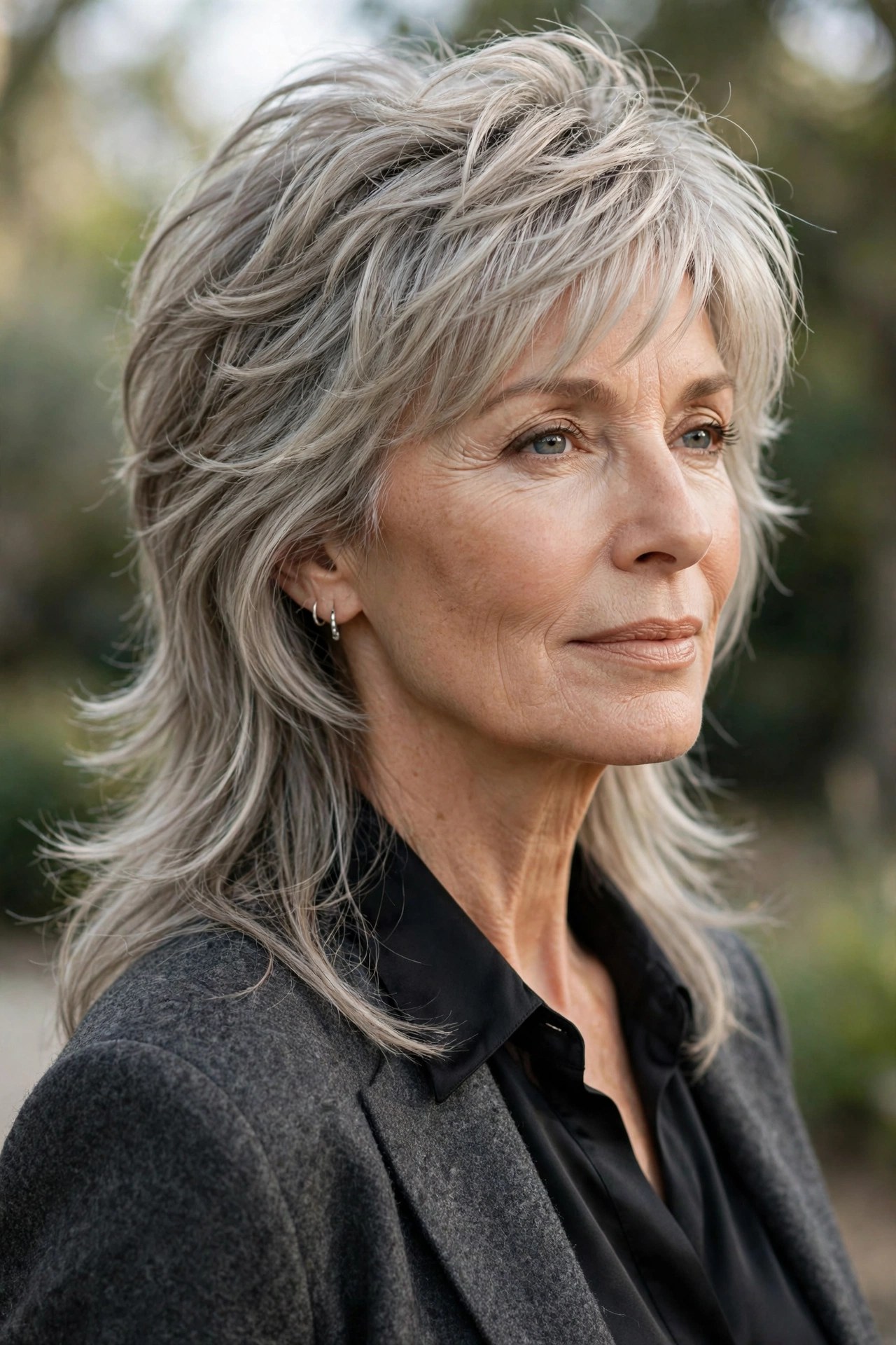 Soft mullet-inspired shag haircut on a woman in her 50s