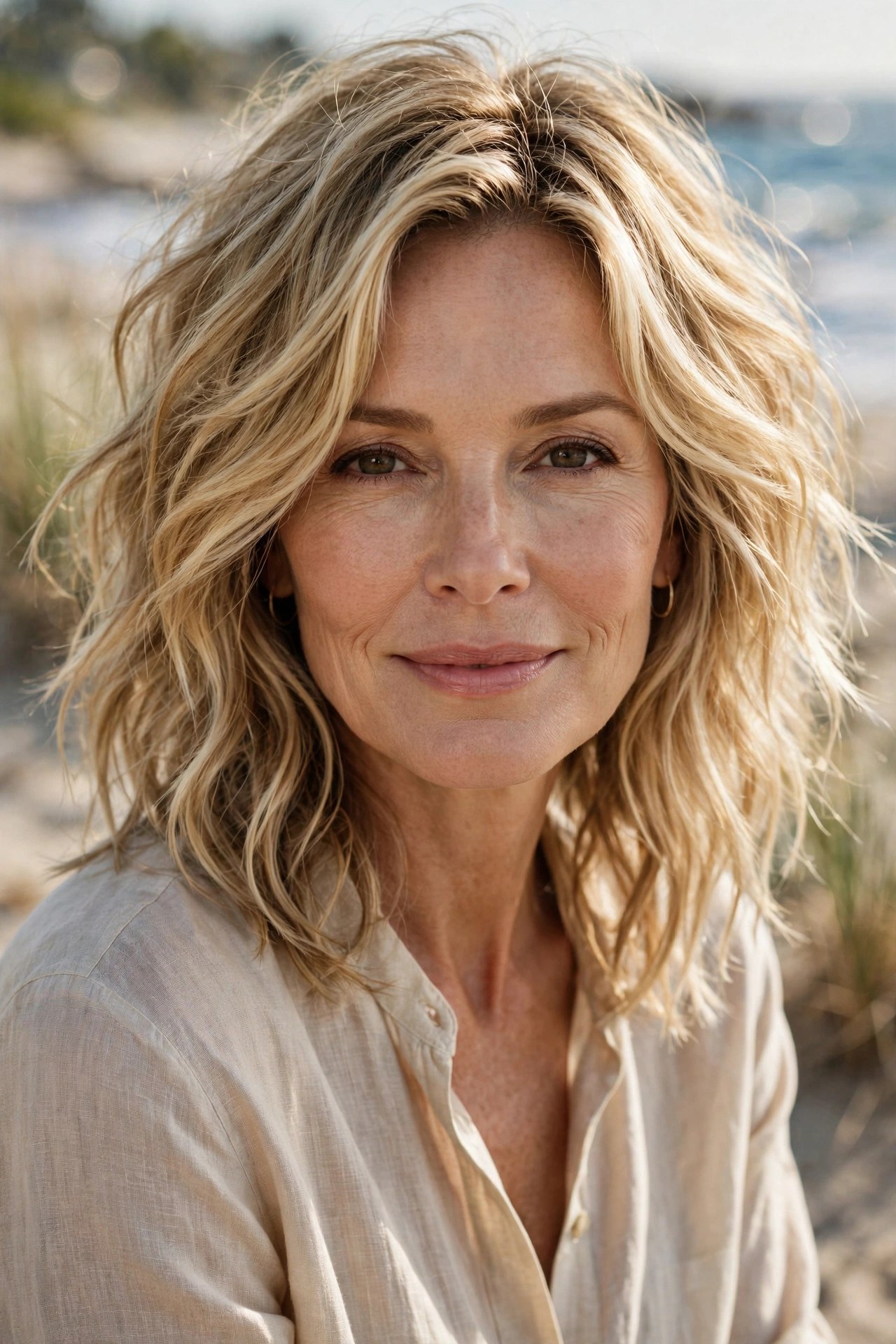 Shoulder-skimming wavy shag haircut on a woman in her 50s