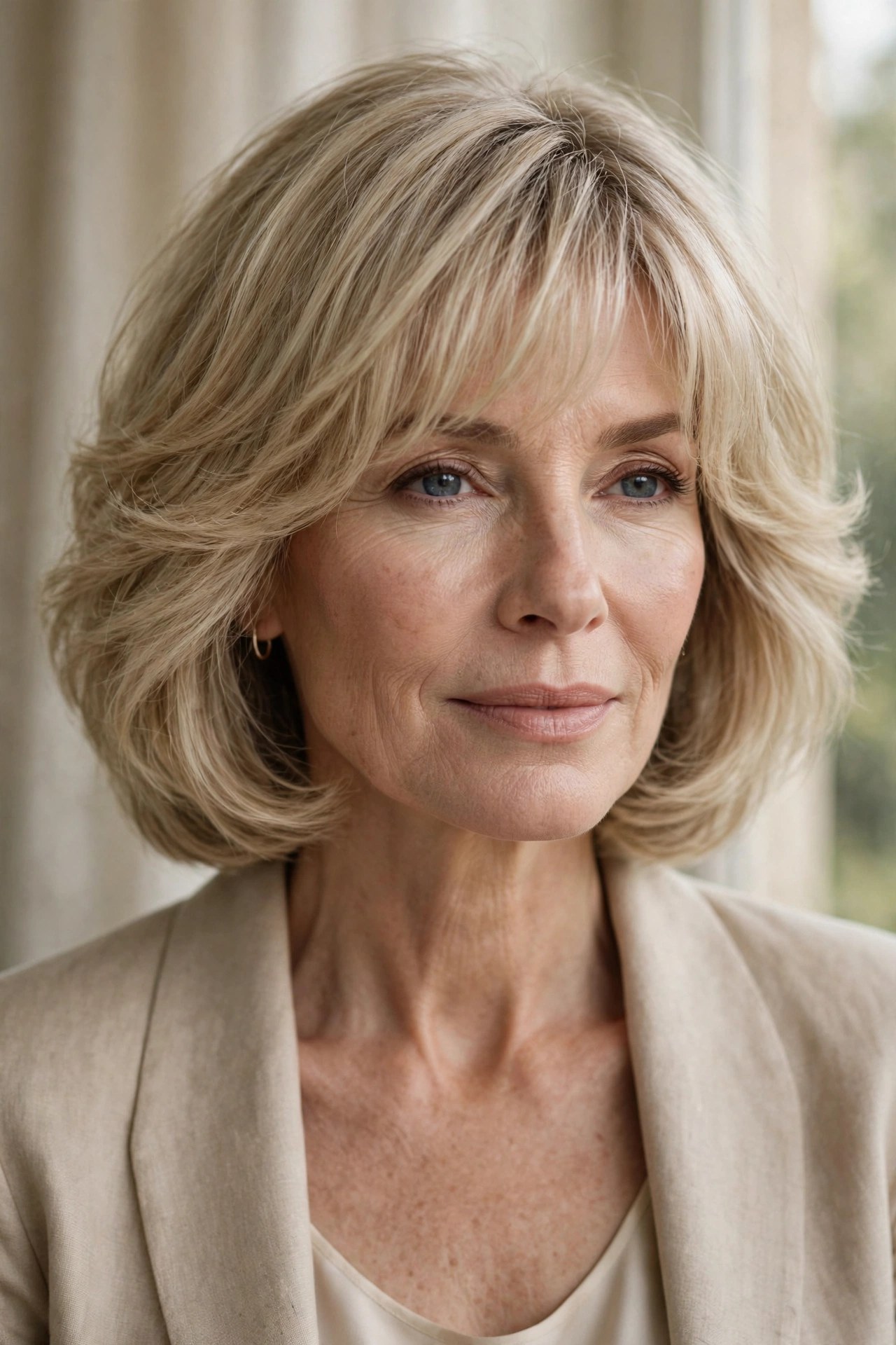 Rounded midi shag haircut with soft full shape on a woman in her 50s