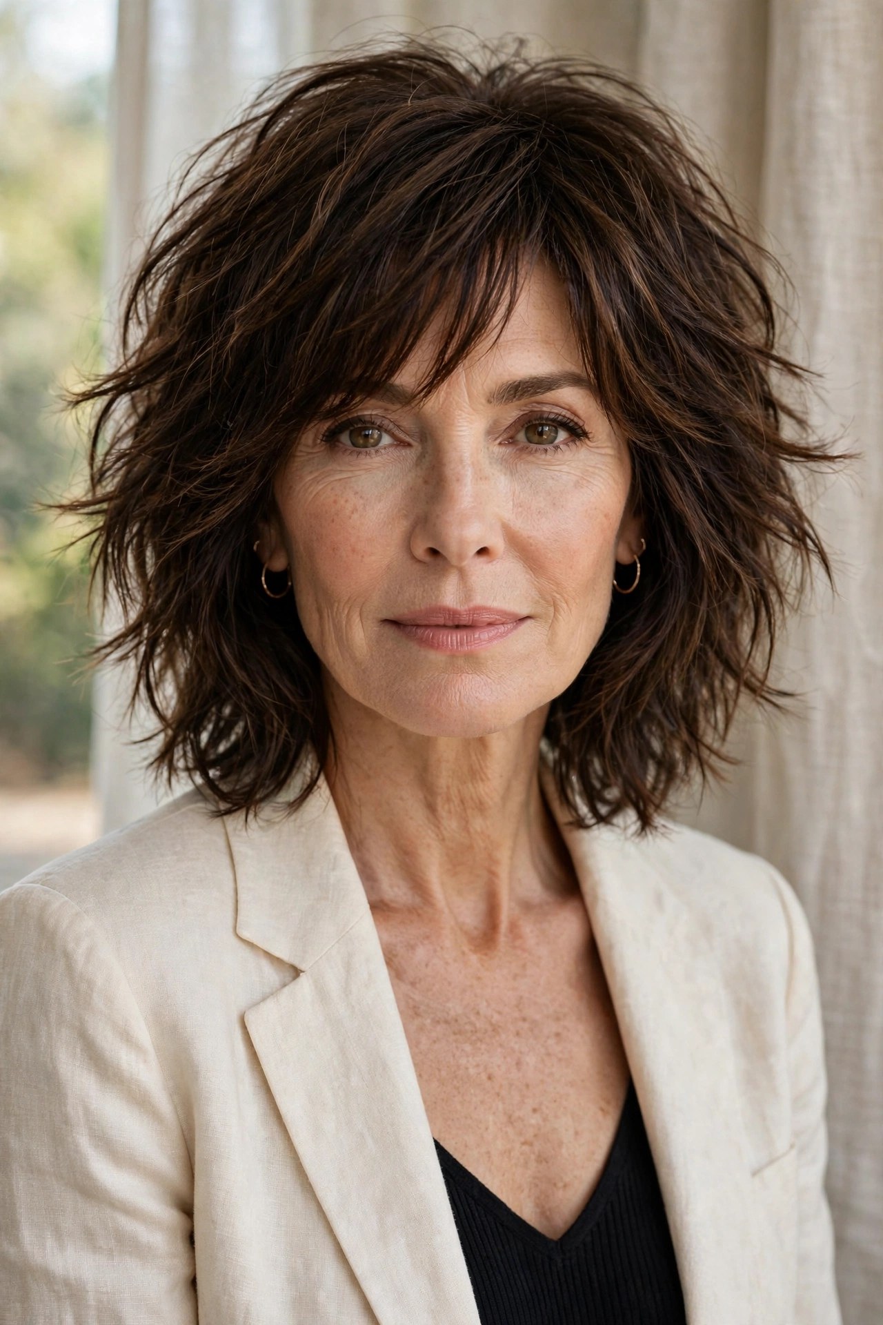 Shaggy lob haircut with textured layers on a woman in her 50s