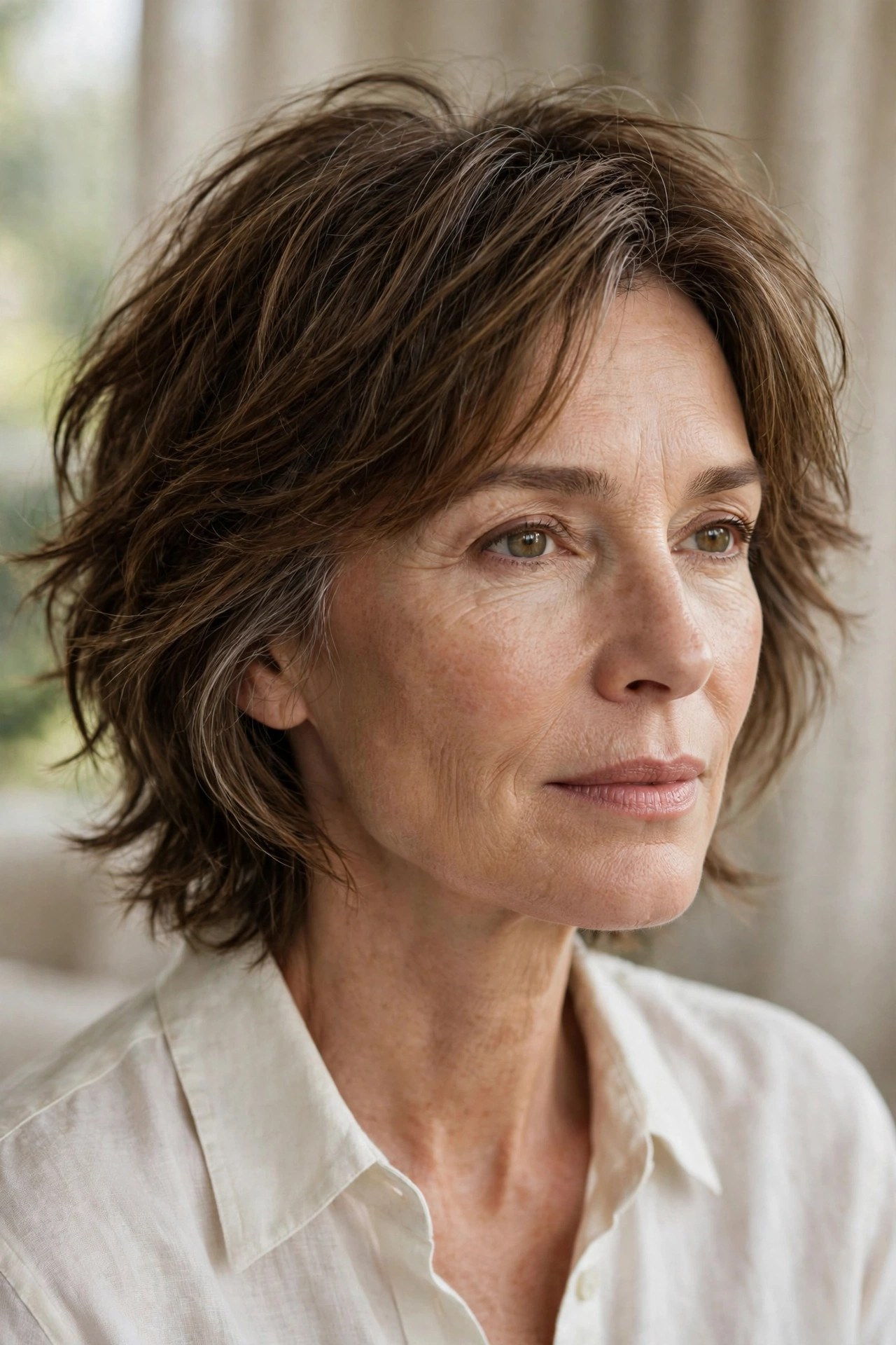 Effortless wash-and-go shag haircut on a woman in her 50s