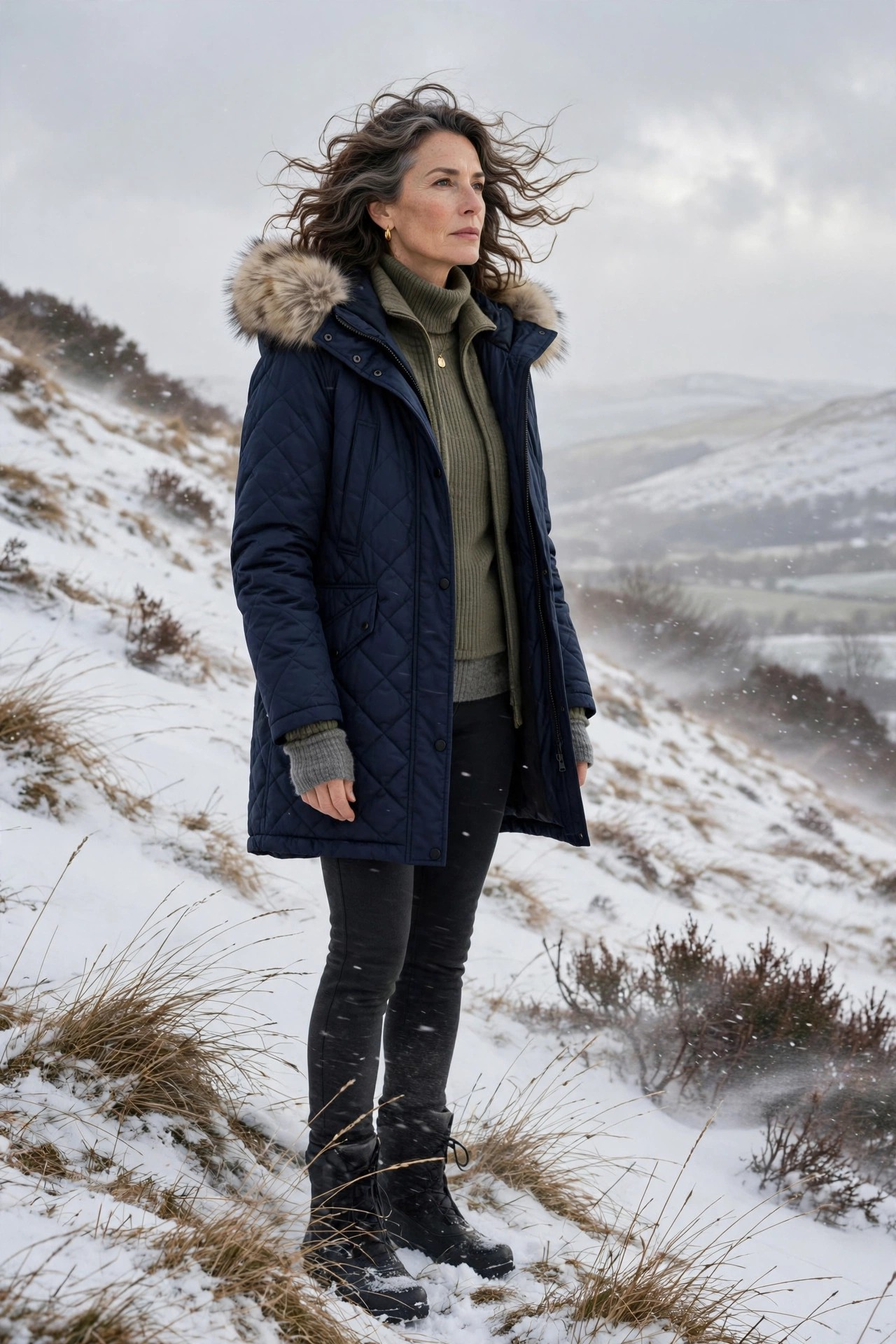 Woman over 50 in quilted parka with faux-fur hood on snowy hill