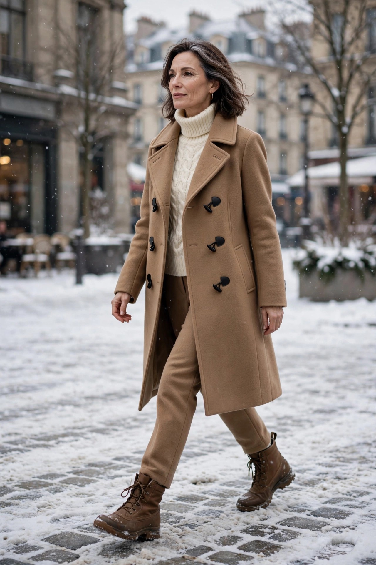 Woman over 50 in wool peacoat with cable turtleneck in city snow