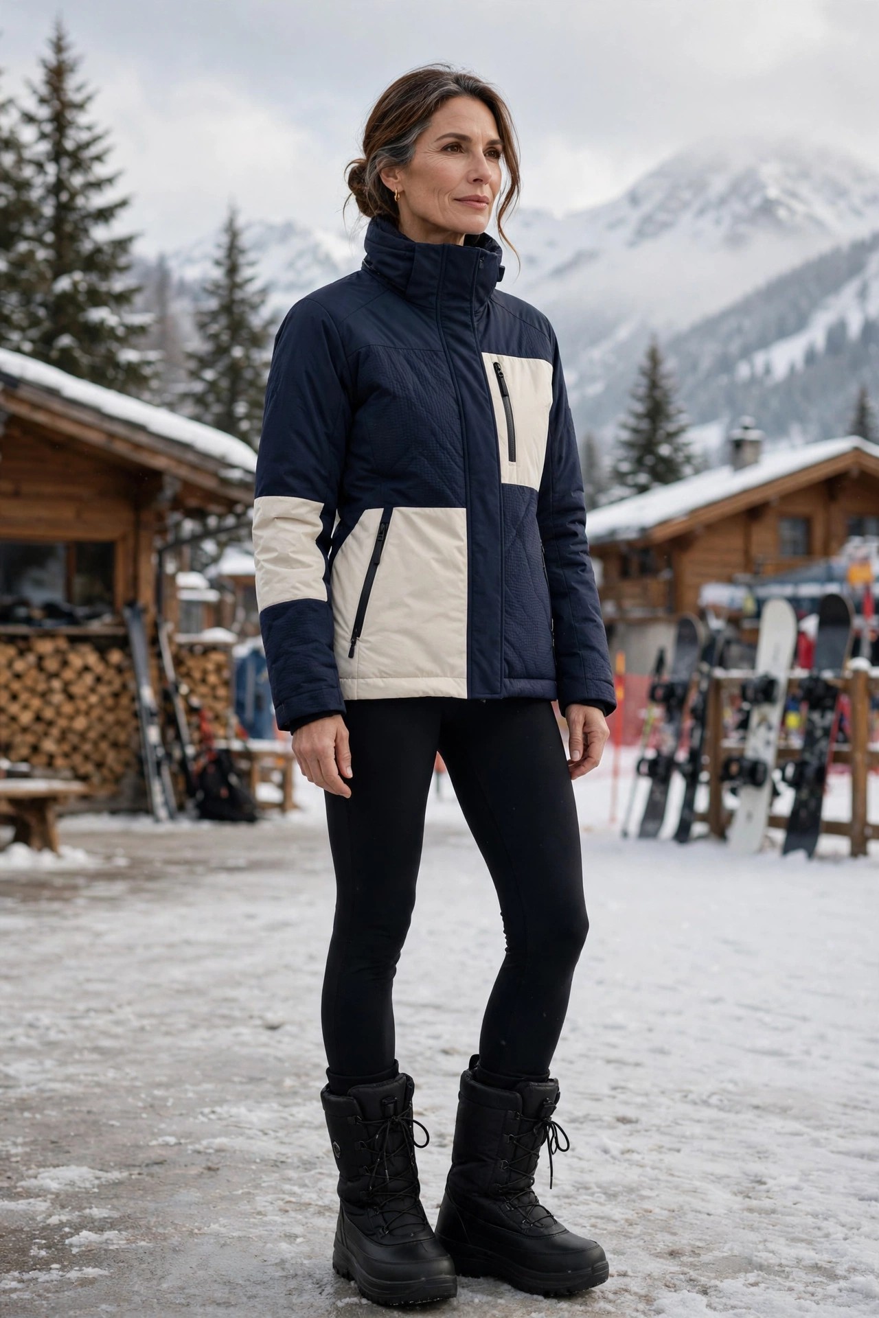 Woman over 50 in colorblock ski jacket at ski resort