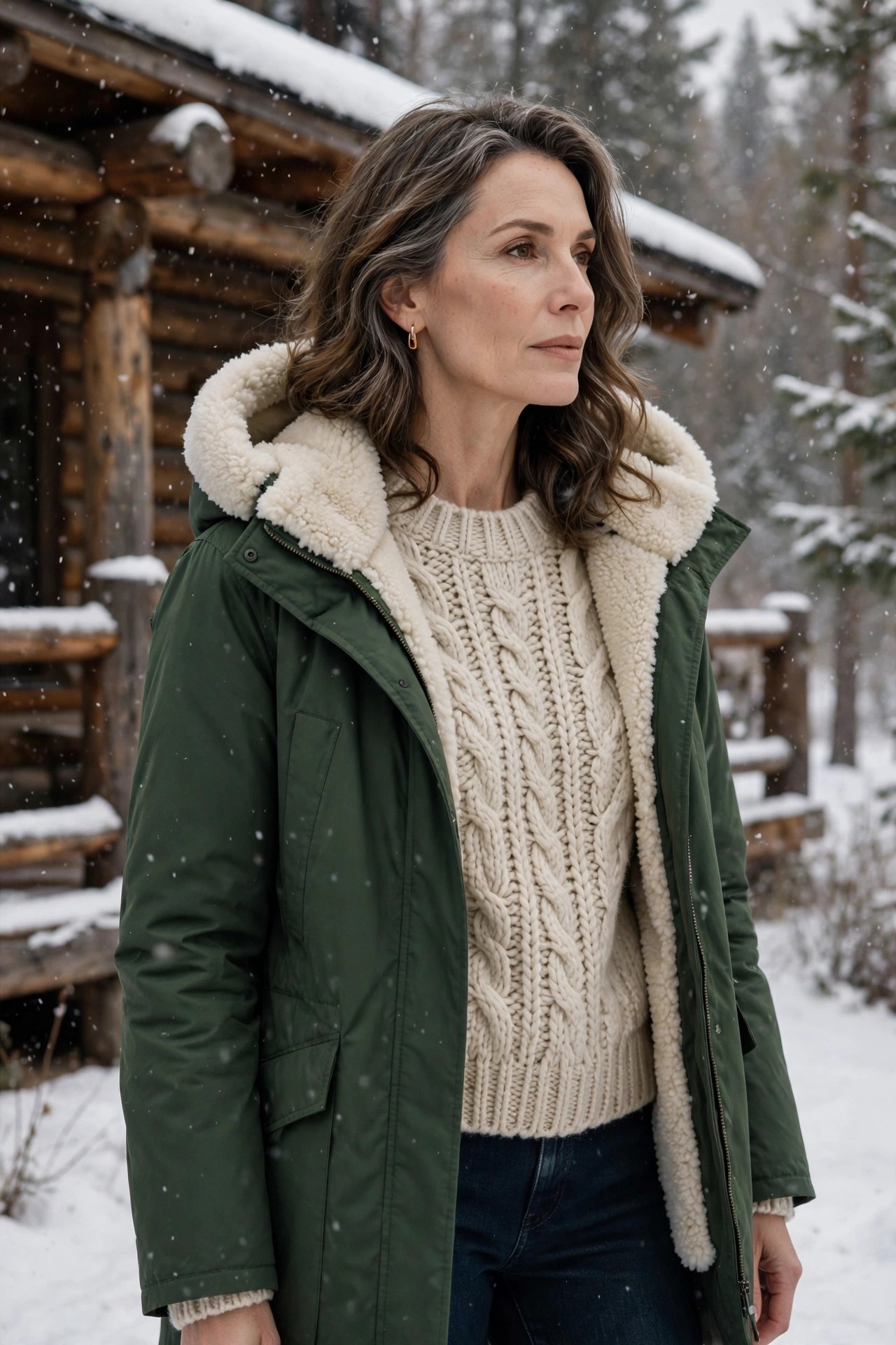 Woman over 50 in shearling-trim parka with chunky knit at cabin