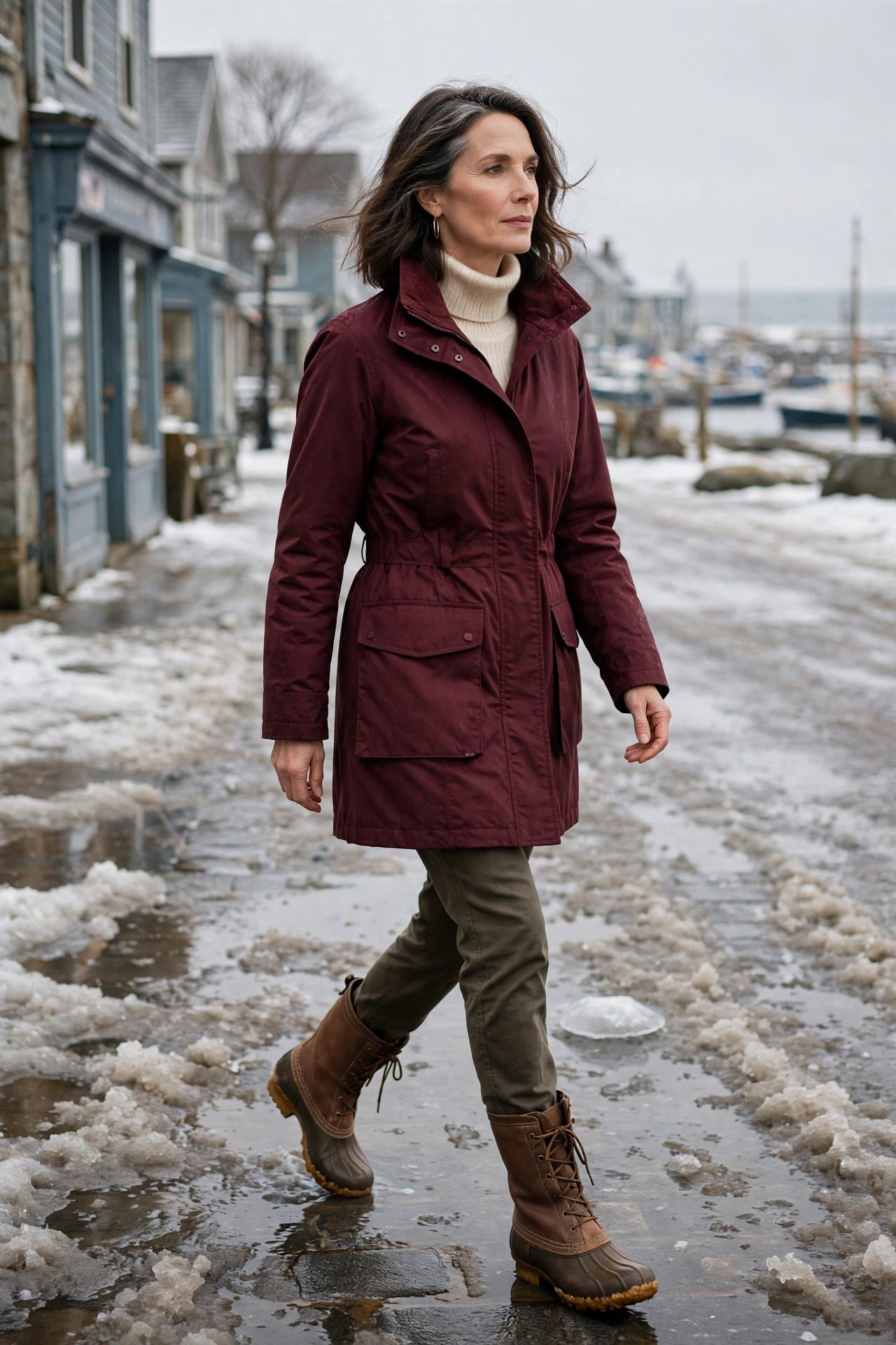 Woman over 50 in storm-flap coat with duck boots on slushy street