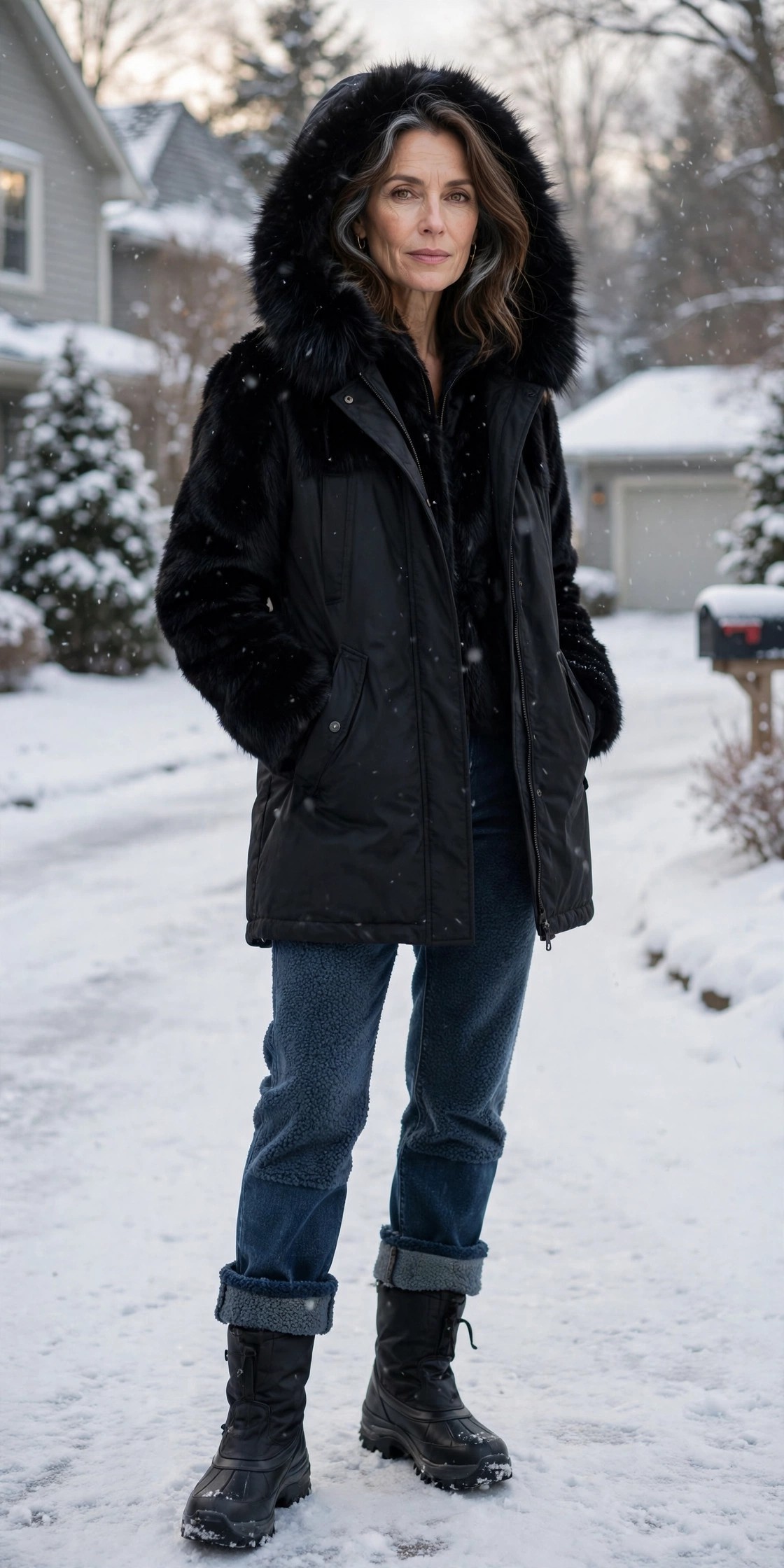 Woman over 50 in faux-fur hooded parka with fleece-lined jeans