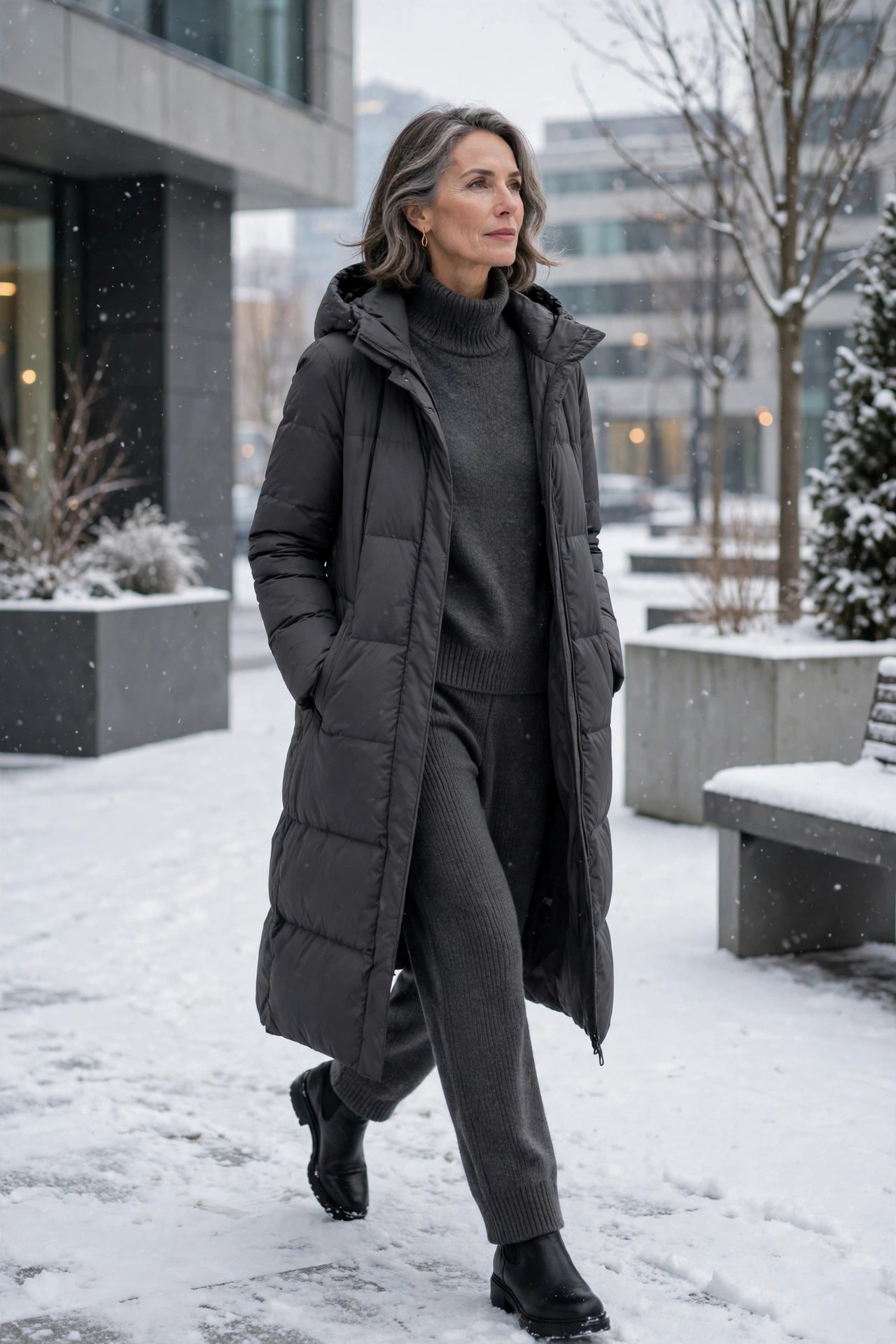 Woman over 50 in longline down coat over monochrome knit set