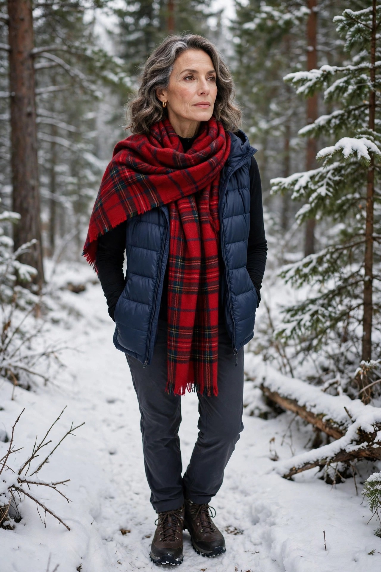 Woman over 50 with plaid blanket scarf and puffer vest on snowy trail
