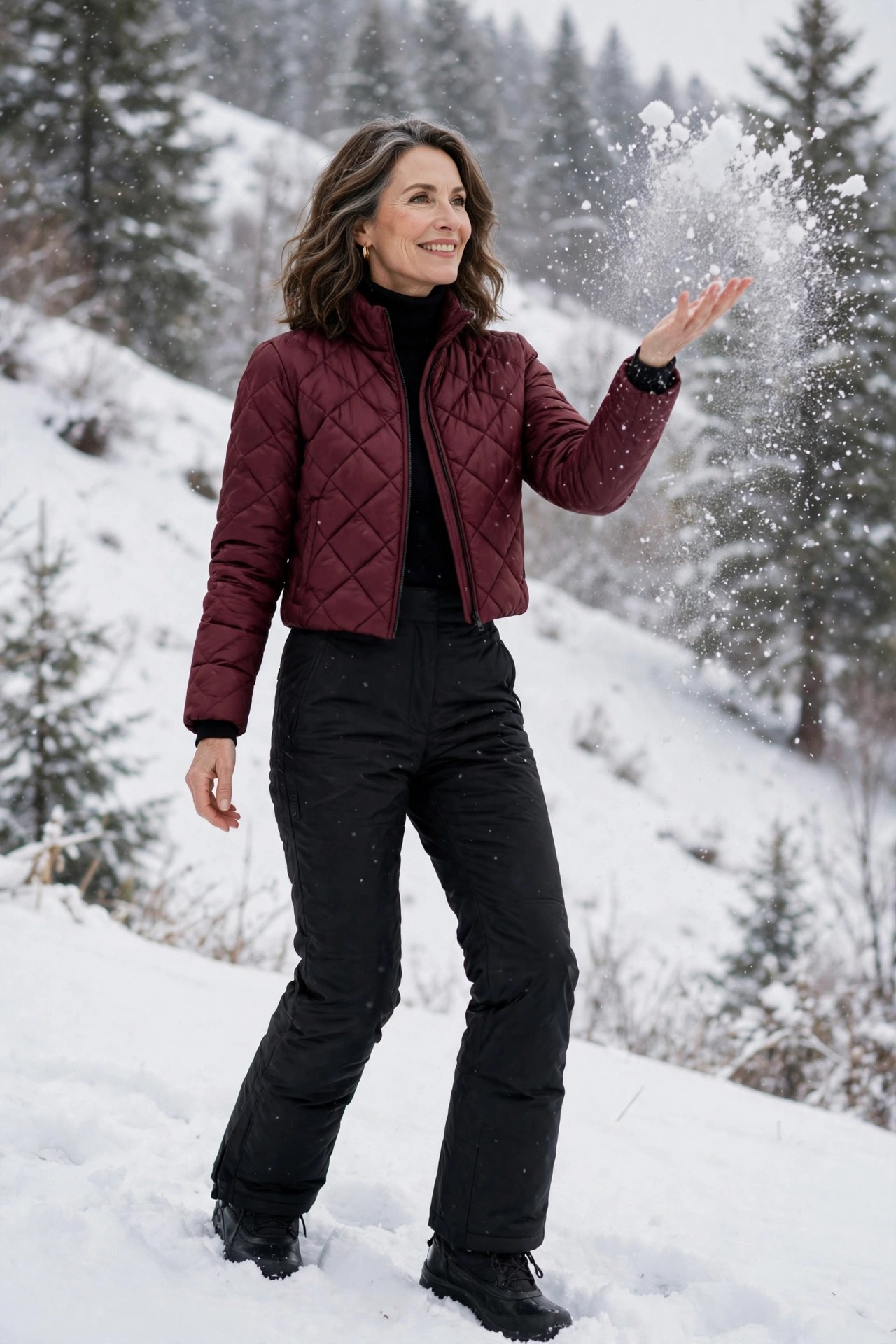 Woman over 50 in insulated snow pants with cropped puffer sledding