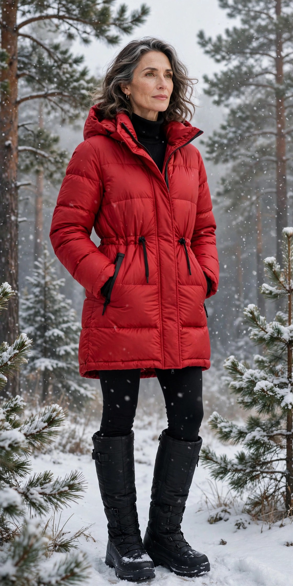 Woman over 50 in cherry-red parka with black layers in falling snow