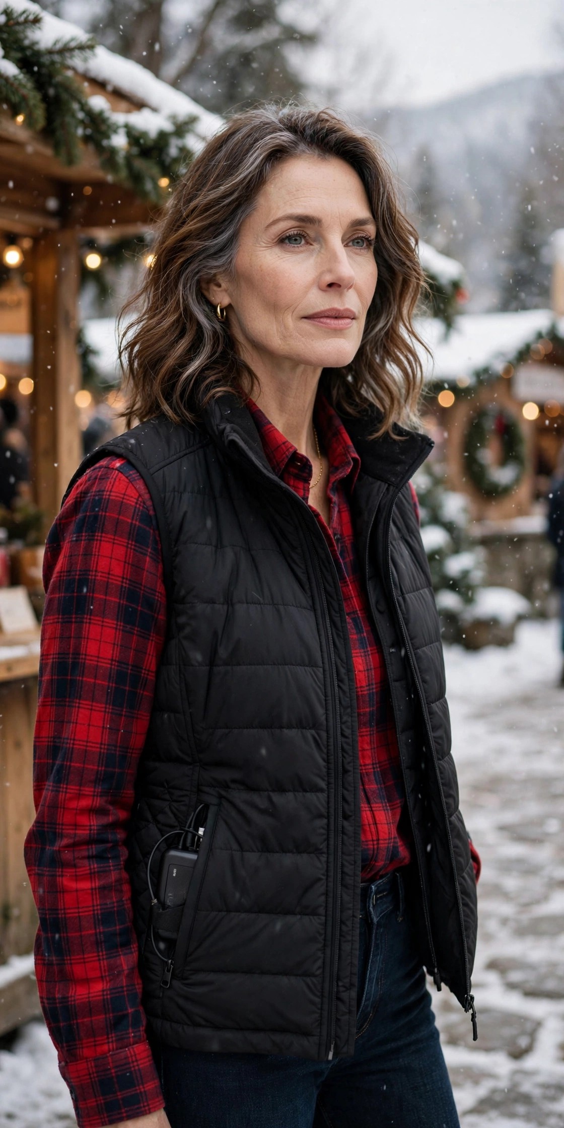Woman over 50 in heated vest with flannel shirt at winter festival