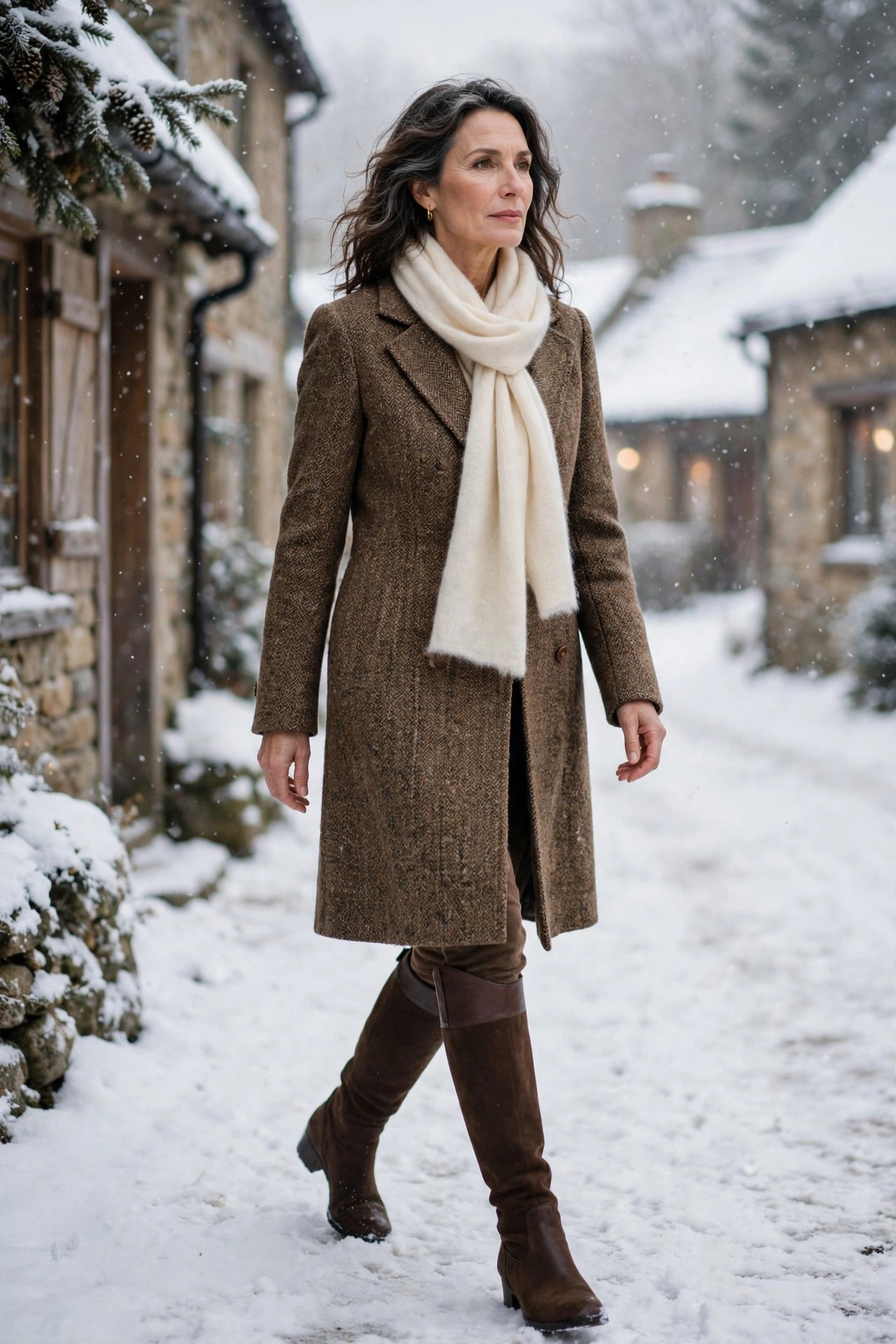 Woman over 50 in tweed-look winter coat with cashmere scarf in village