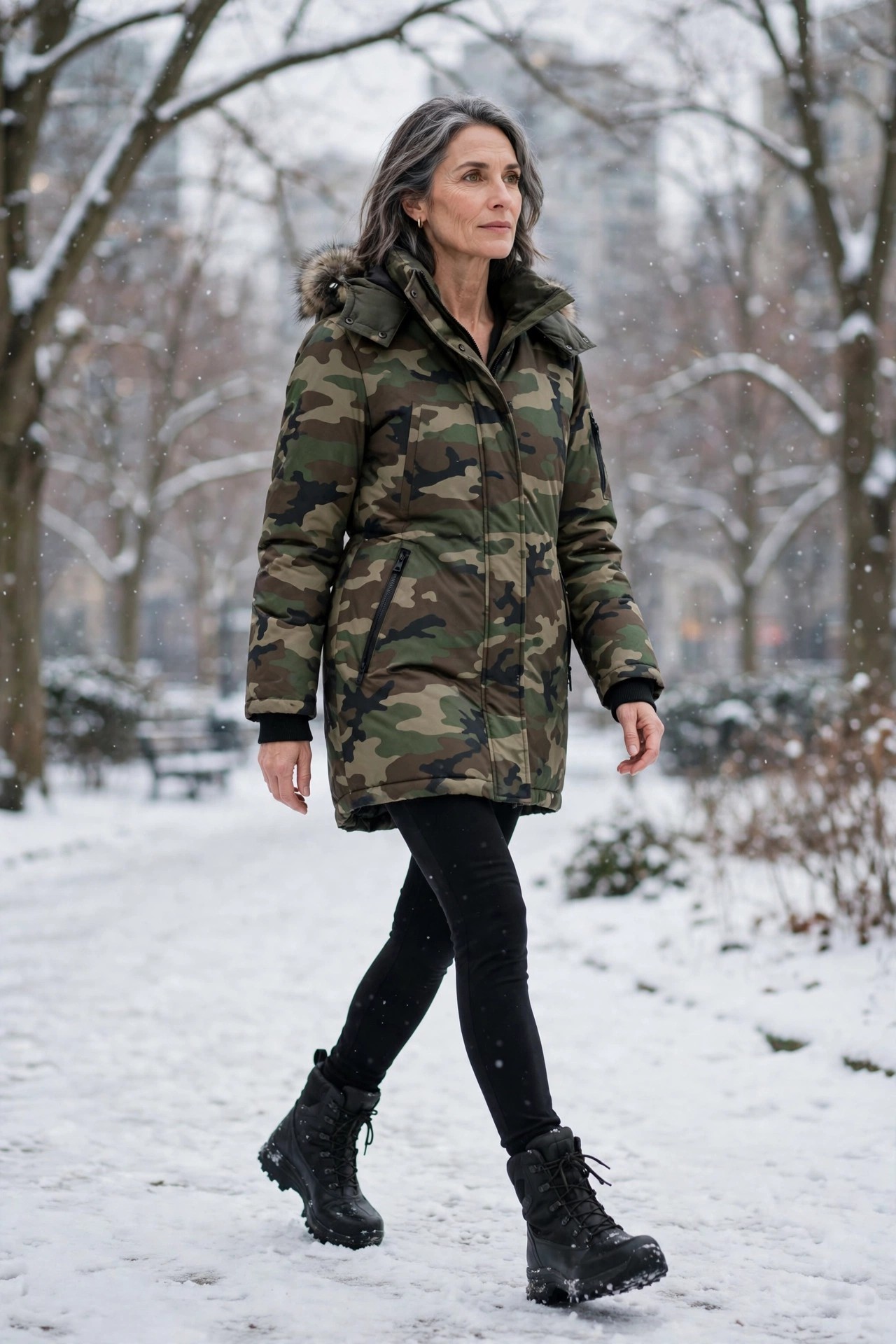 Woman over 50 in camo-print parka with black leggings in snowy park