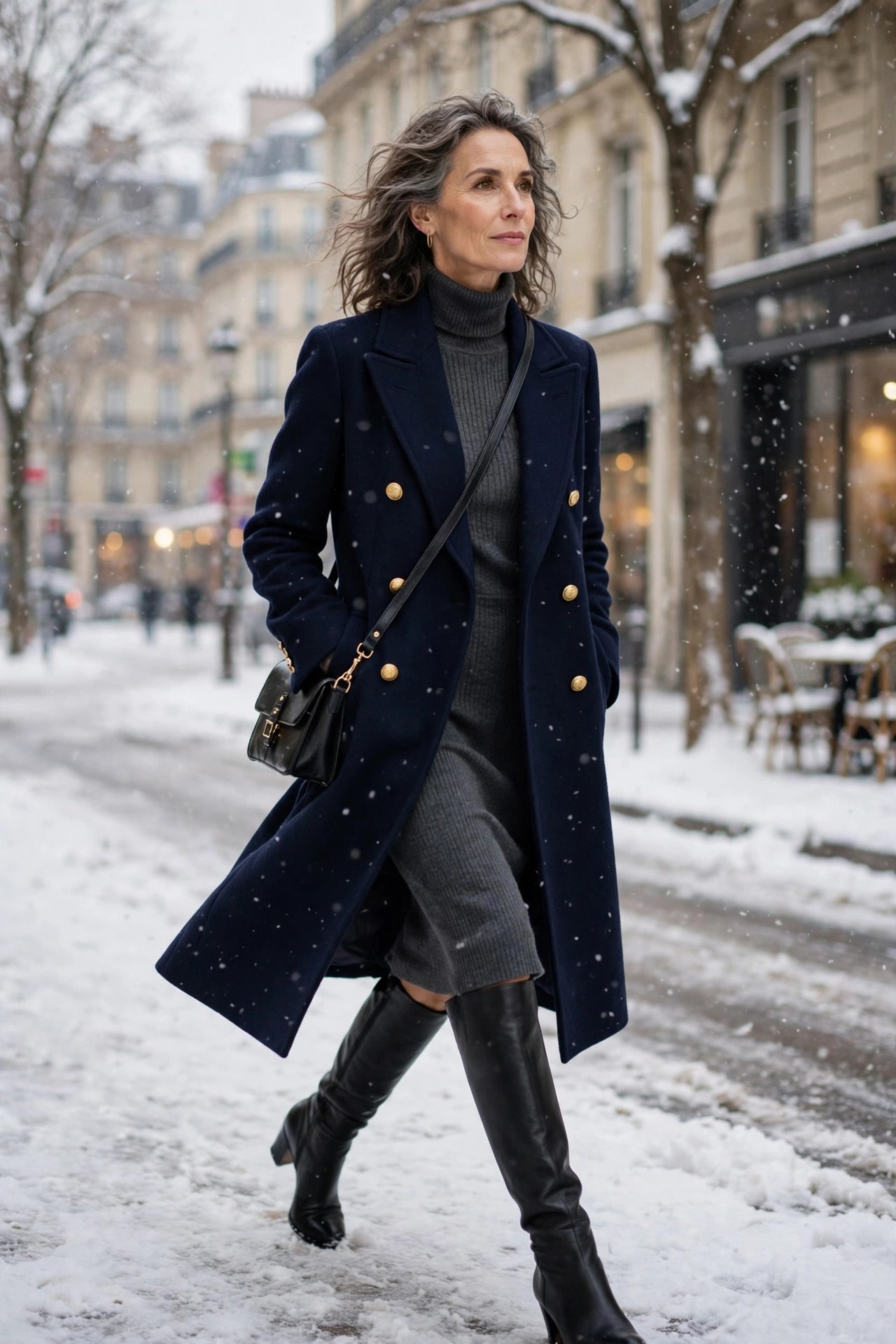 Woman over 50 in double-breasted wool coat with turtleneck dress in snow