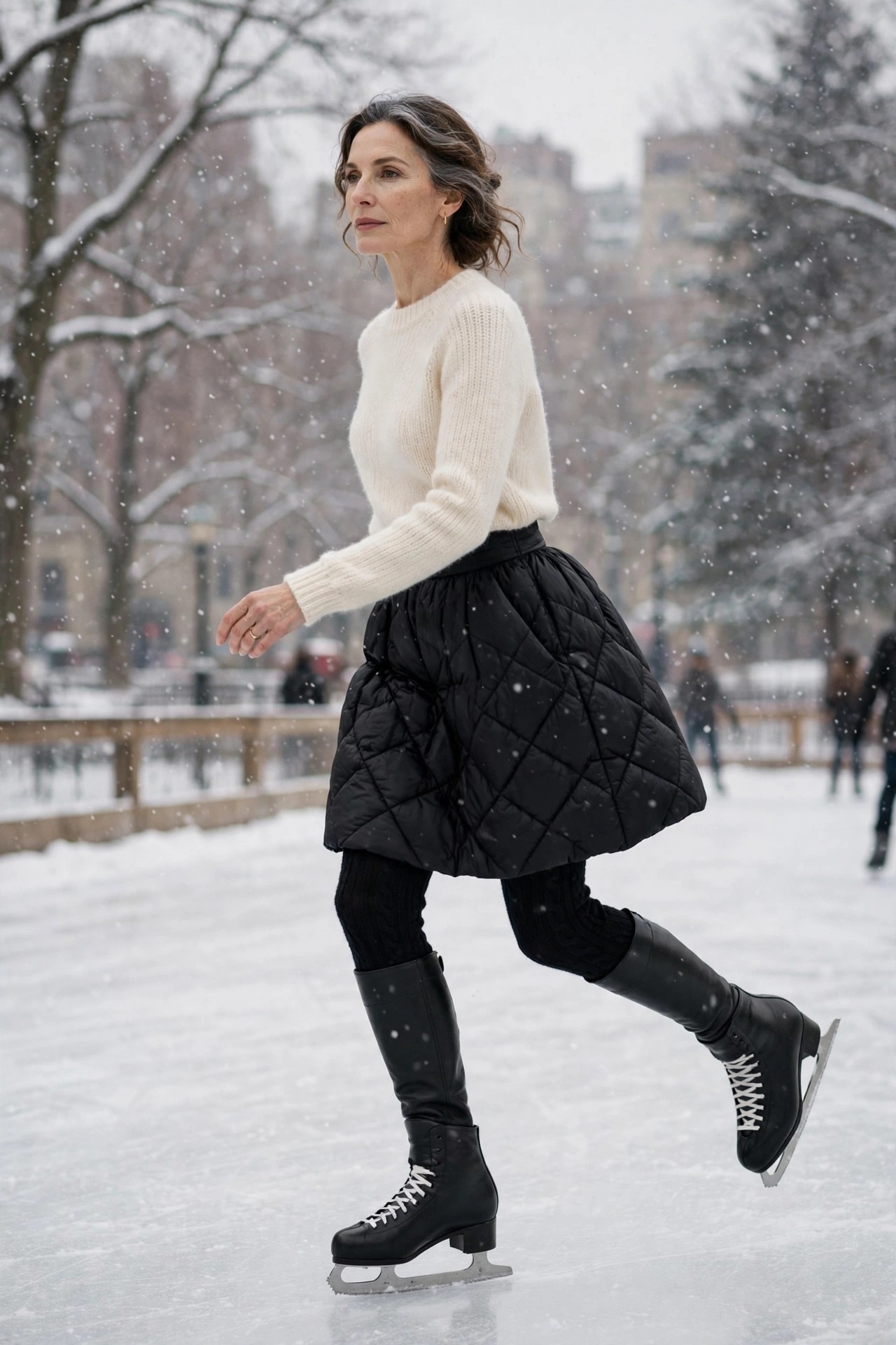 Woman over 50 in puffer skirt with sweater tights ice skating