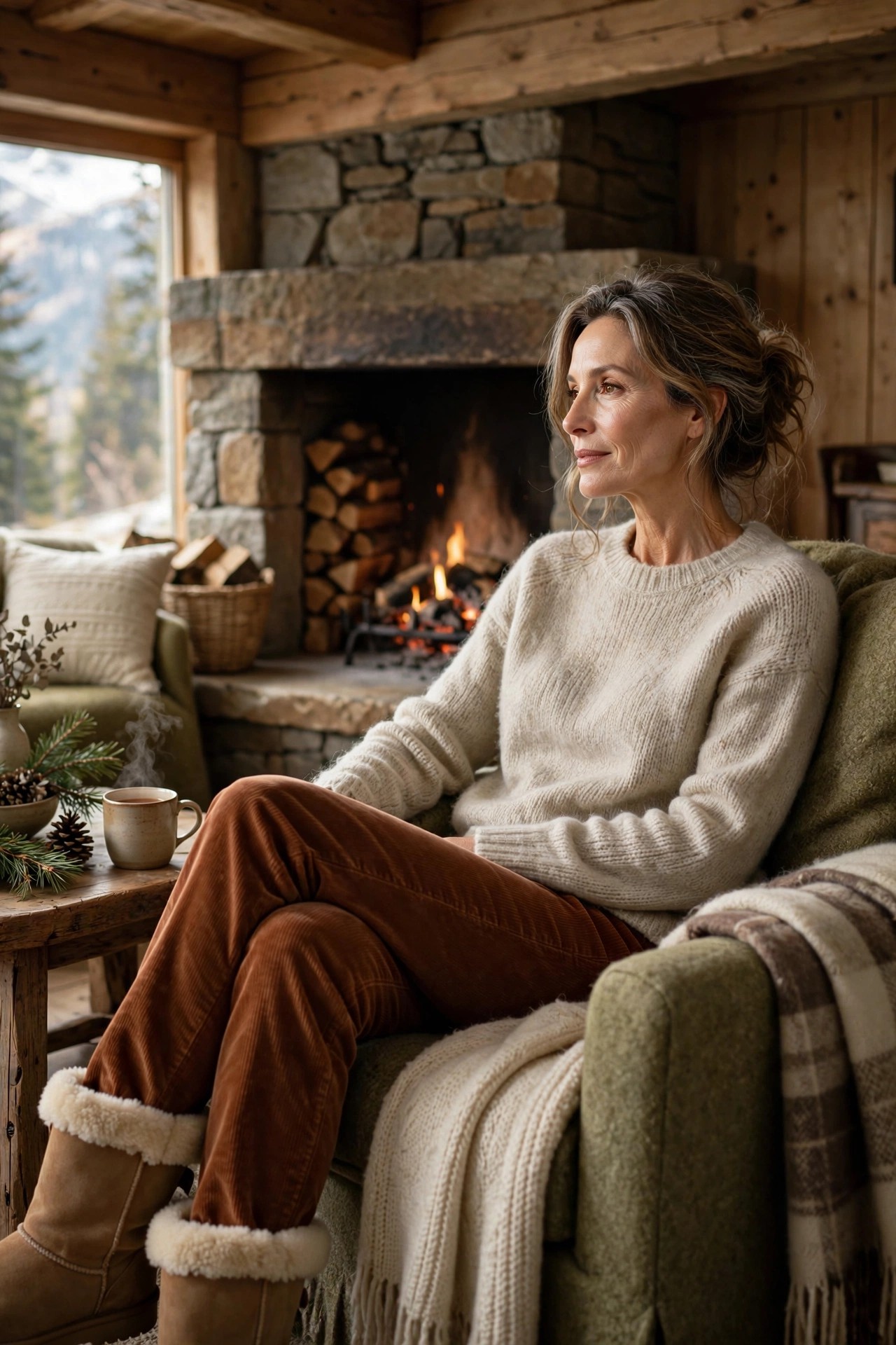 Woman over 50 in cashmere sweater with corduroys by lodge fireplace